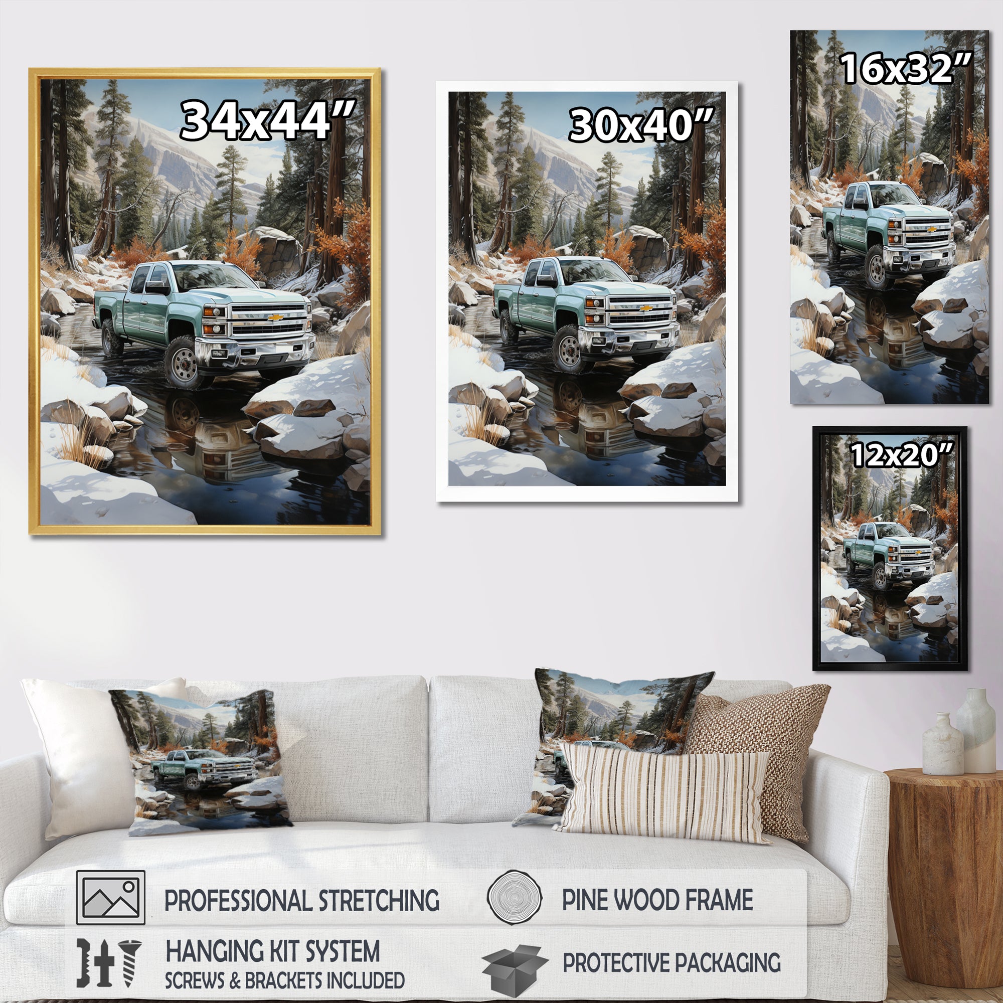 White Pickup Truck Winter Wilderness - Pickup Truck Canvas Wall Art