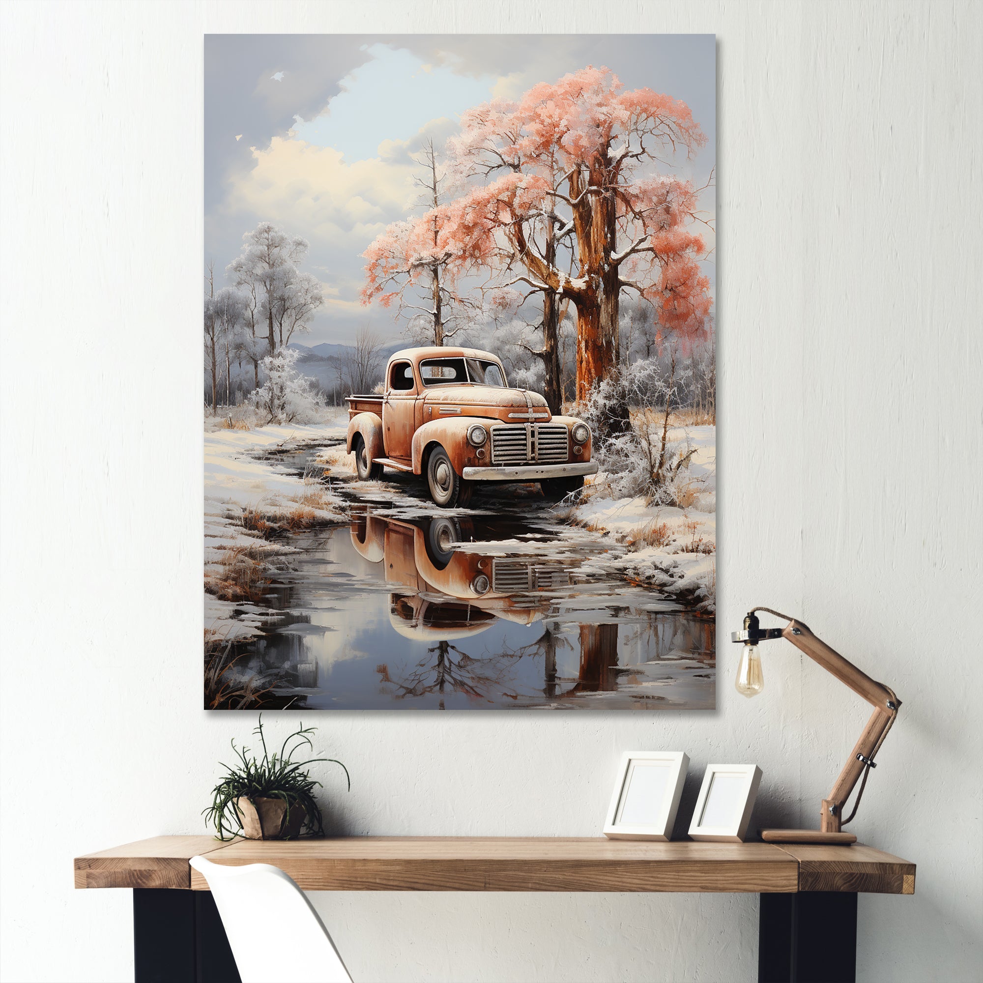 Coral Pickup Truck Frozen Wilderness - Pickup Truck Canvas Wall Art