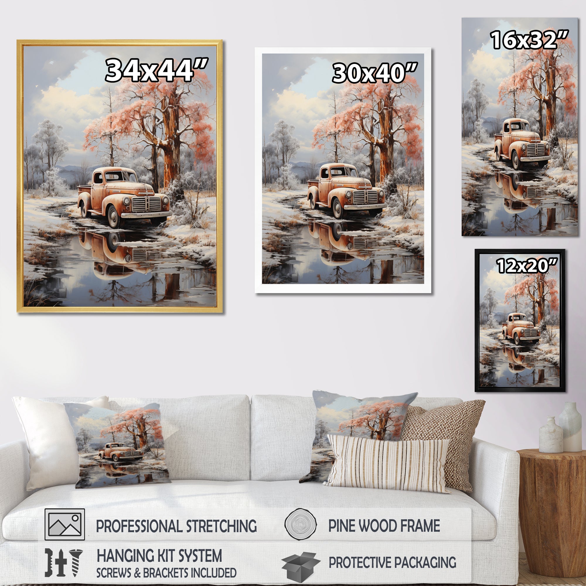 Coral Pickup Truck Frozen Wilderness - Pickup Truck Canvas Wall Art