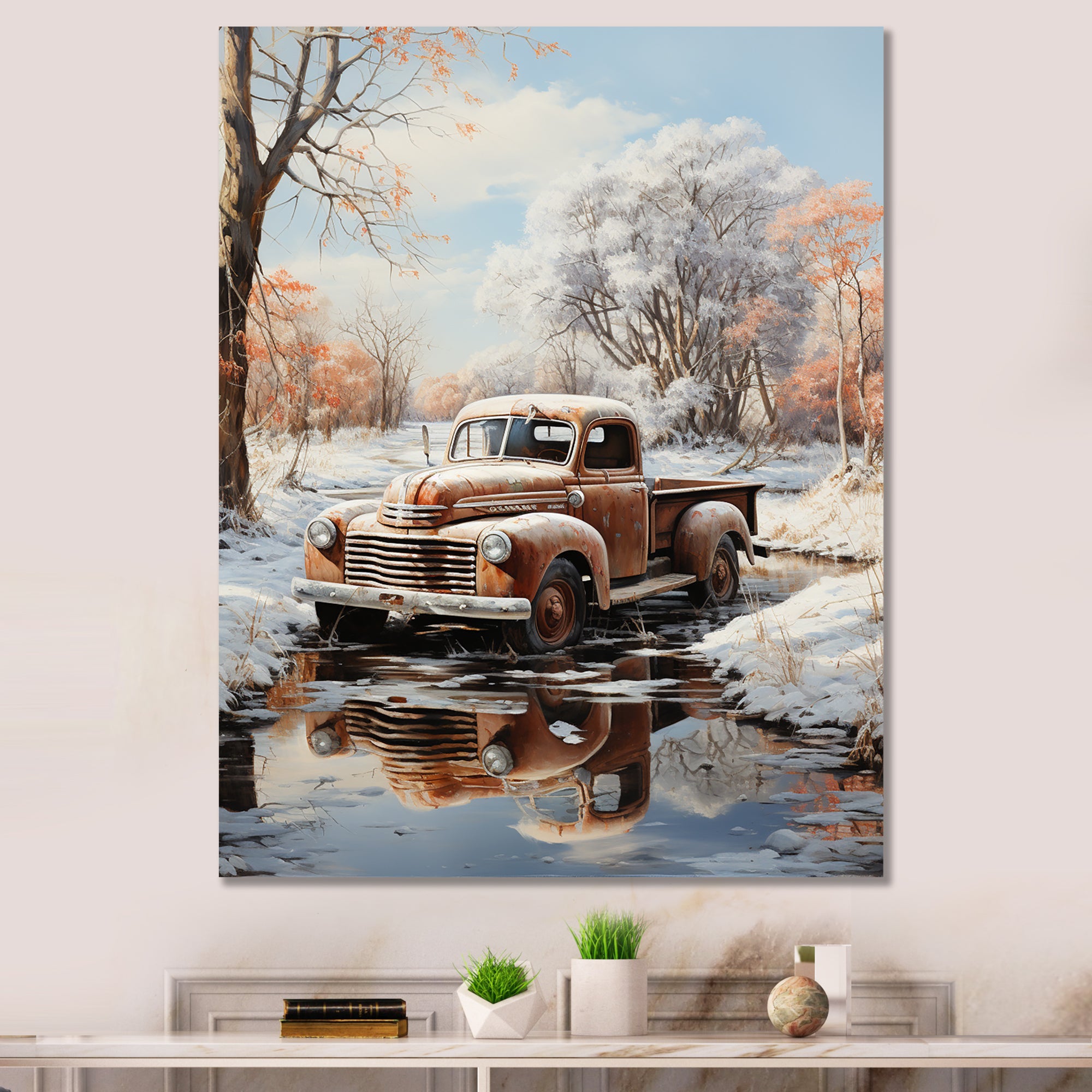 Brown Pickup Truck Frozen Wilderness - Pickup Truck Canvas Wall Art