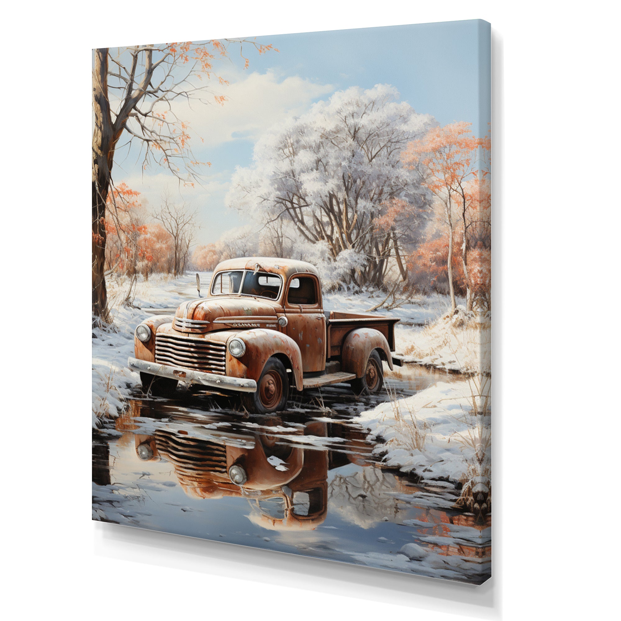 Brown Pickup Truck Frozen Wilderness - Pickup Truck Canvas Wall Art