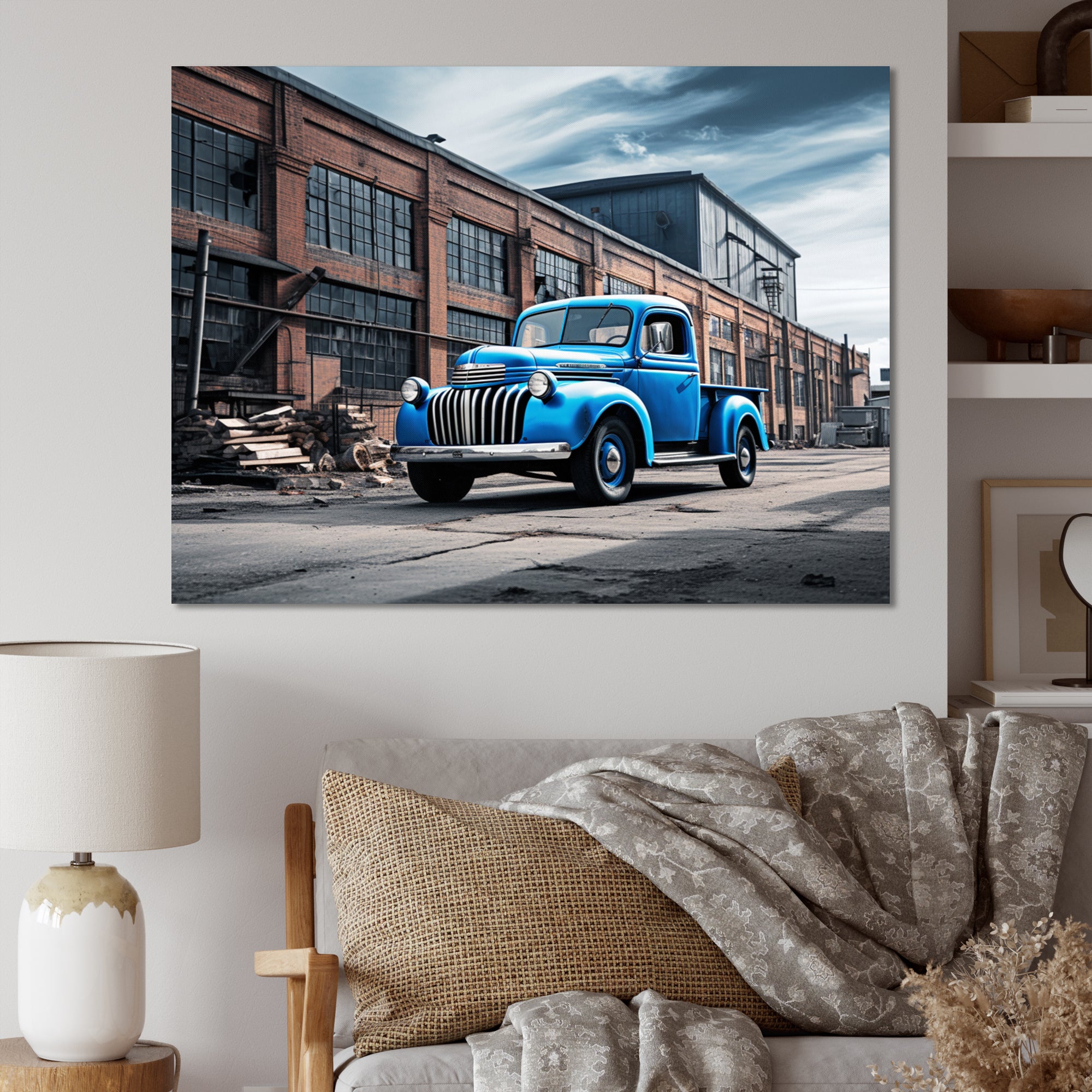 Blue Pickup Truck Industrial Drive I - Pickup Truck Canvas Wall Art