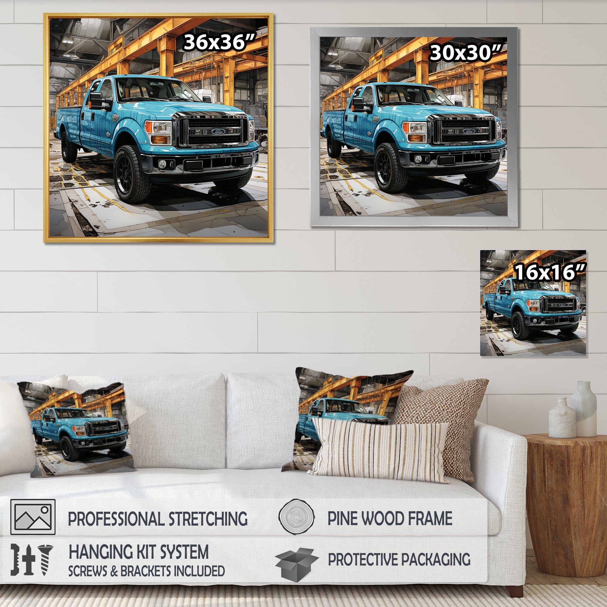 Teal Pickup Truck Industrial Drive - Pickup Truck Canvas Wall Art