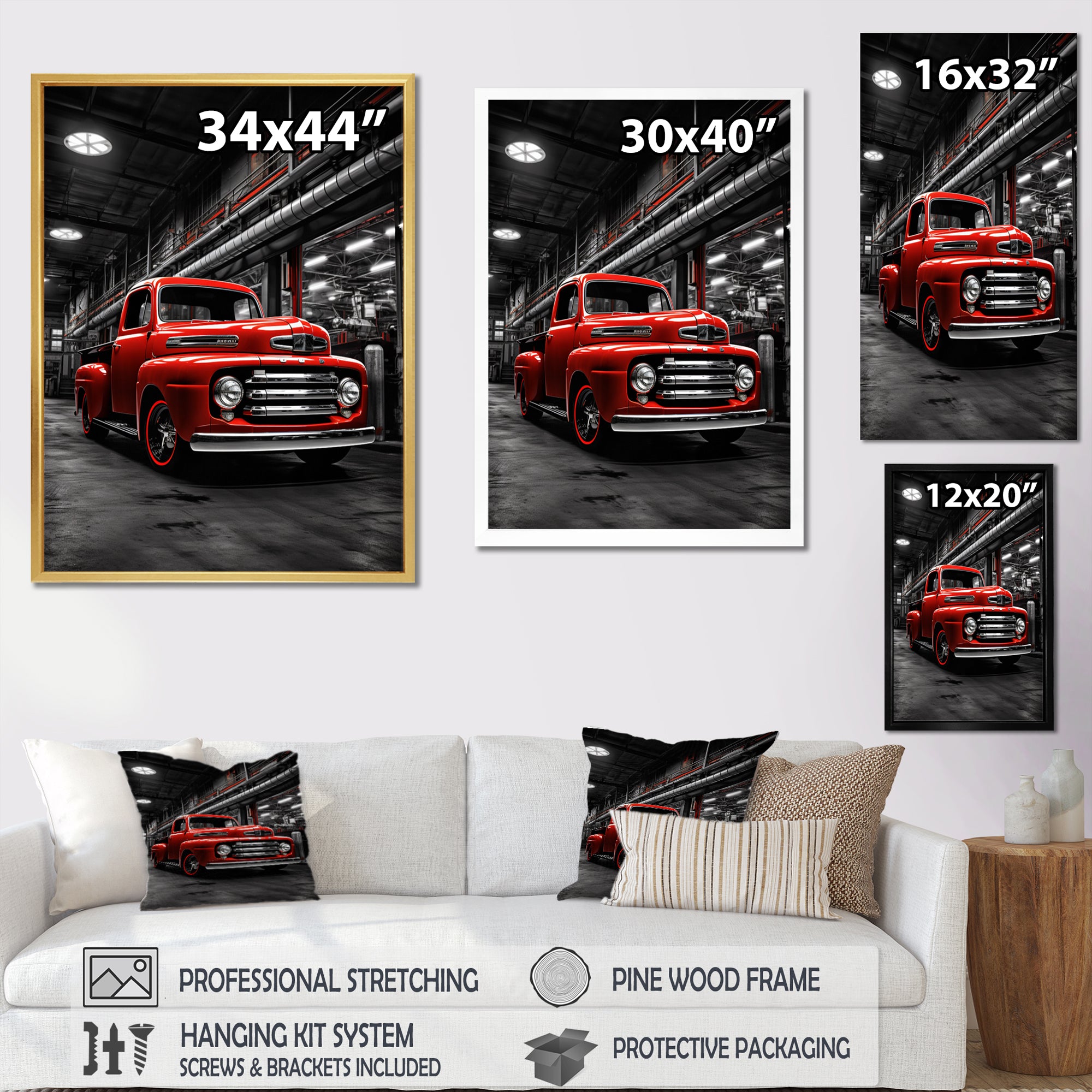 Red Pickup Truck Industrial Elegance - Pickup Truck Canvas Wall Art