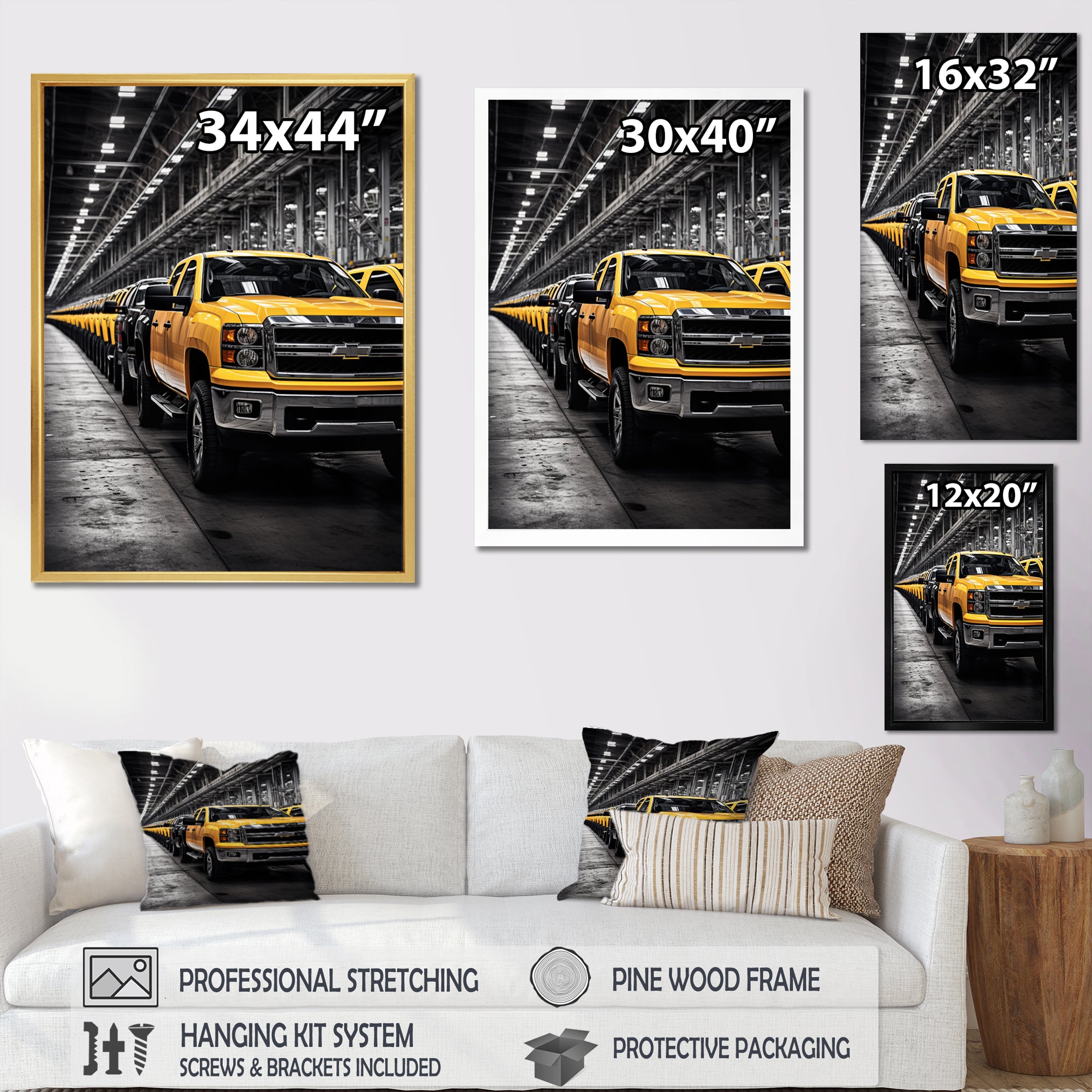 Yellow Pickup Truck Industrial Icons - Pickup Truck Canvas Wall Art
