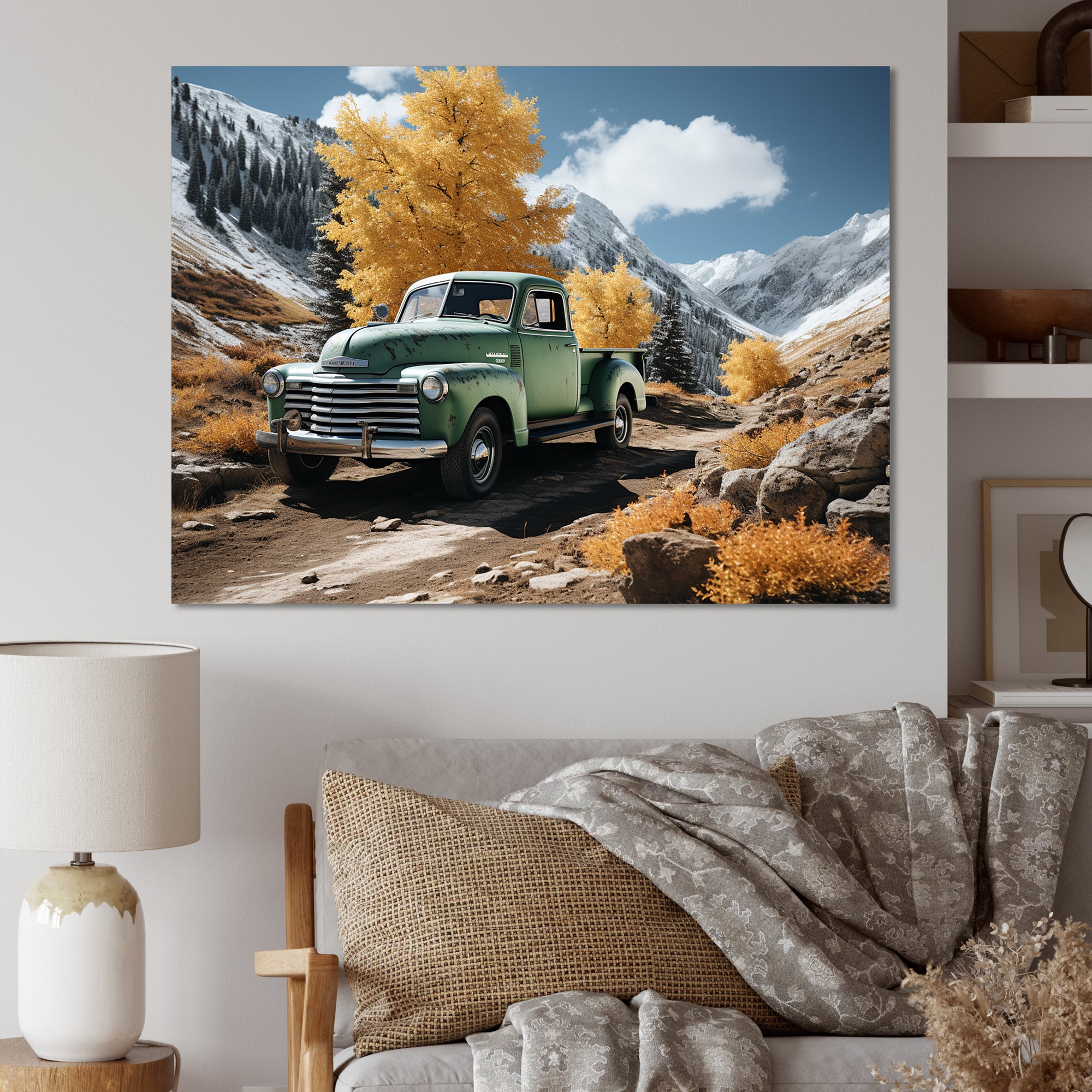 Green Pickup Truck Landscape Adventurers - Pickup Truck Canvas Wall Art