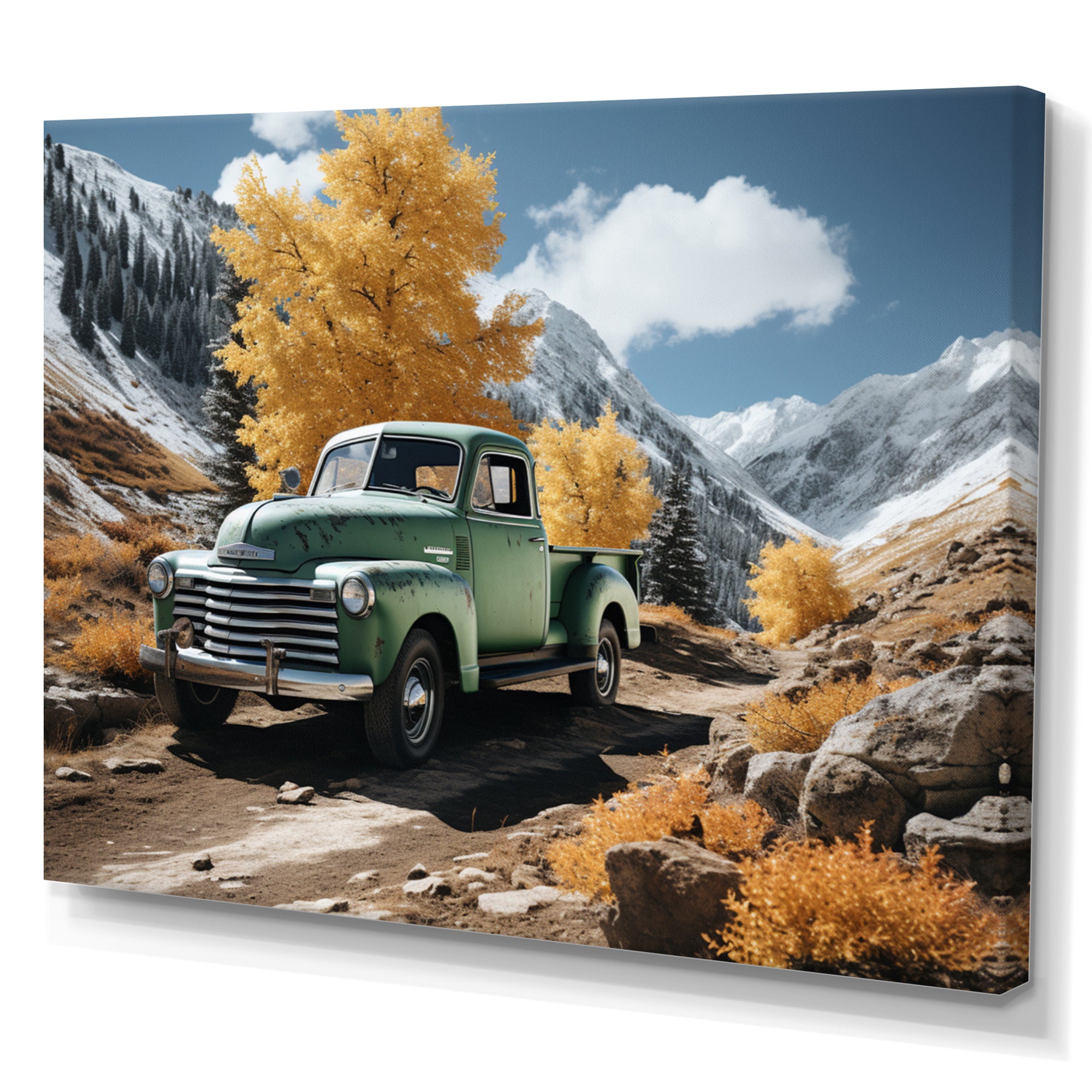 Green Pickup Truck Landscape Adventurers - Pickup Truck Canvas Wall Art