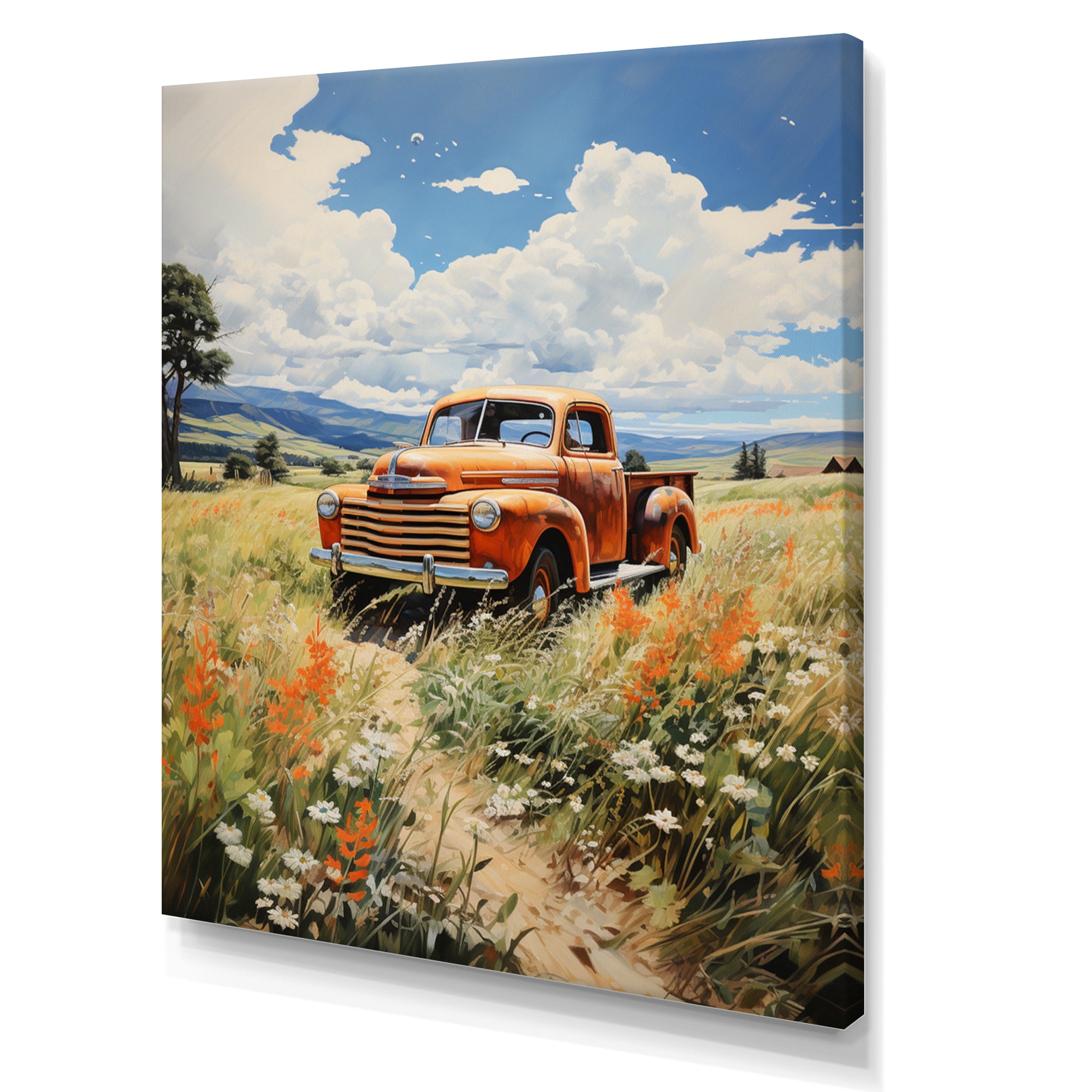 Coral Pickup Truck Luminous Meadows - Pickup Truck Canvas Wall Art