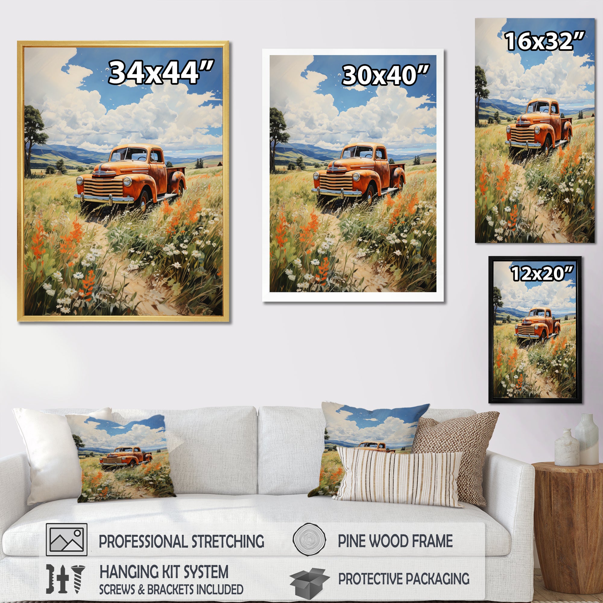 Coral Pickup Truck Luminous Meadows - Pickup Truck Canvas Wall Art