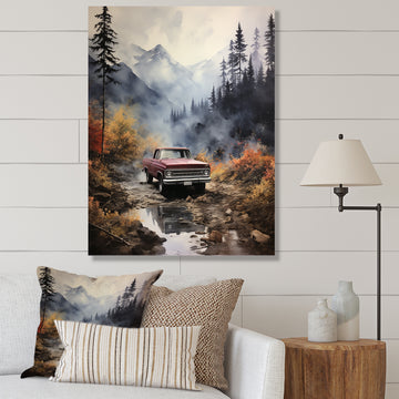 Brown Pickup Truck Misty Mountains - Pickup Truck Canvas Wall Art