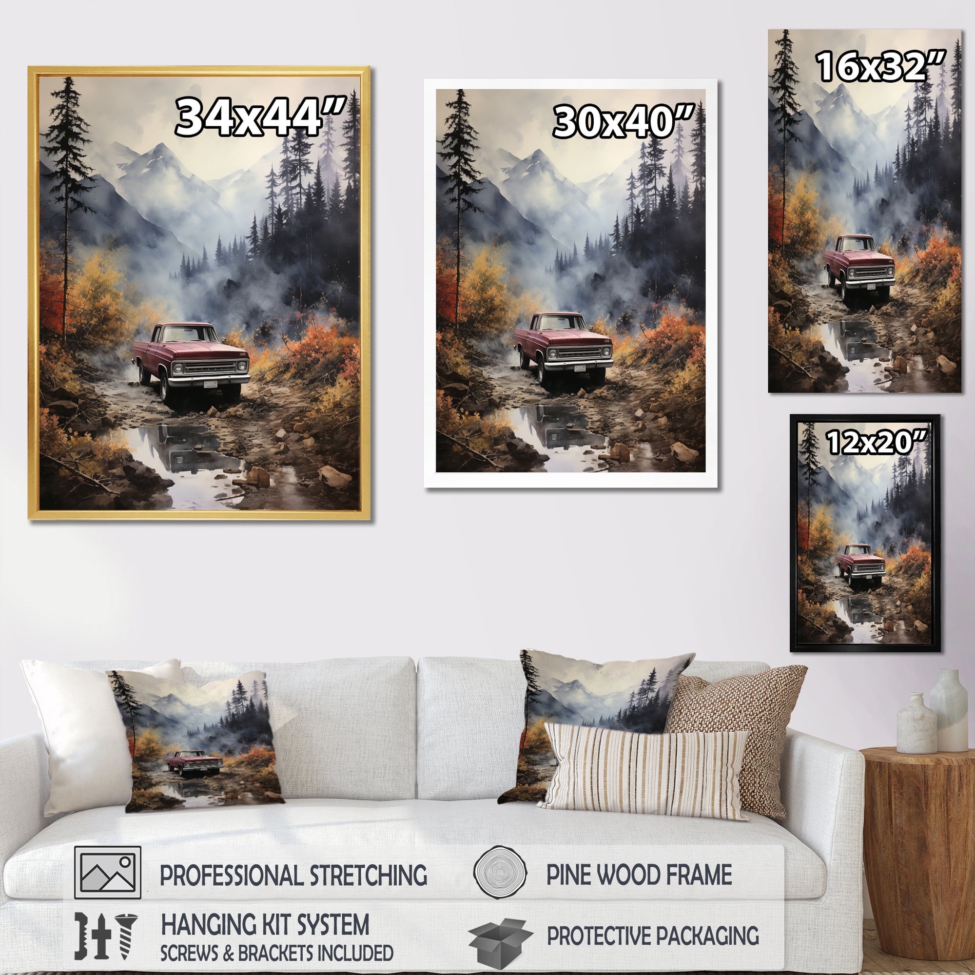 Brown Pickup Truck Misty Mountains - Pickup Truck Canvas Wall Art