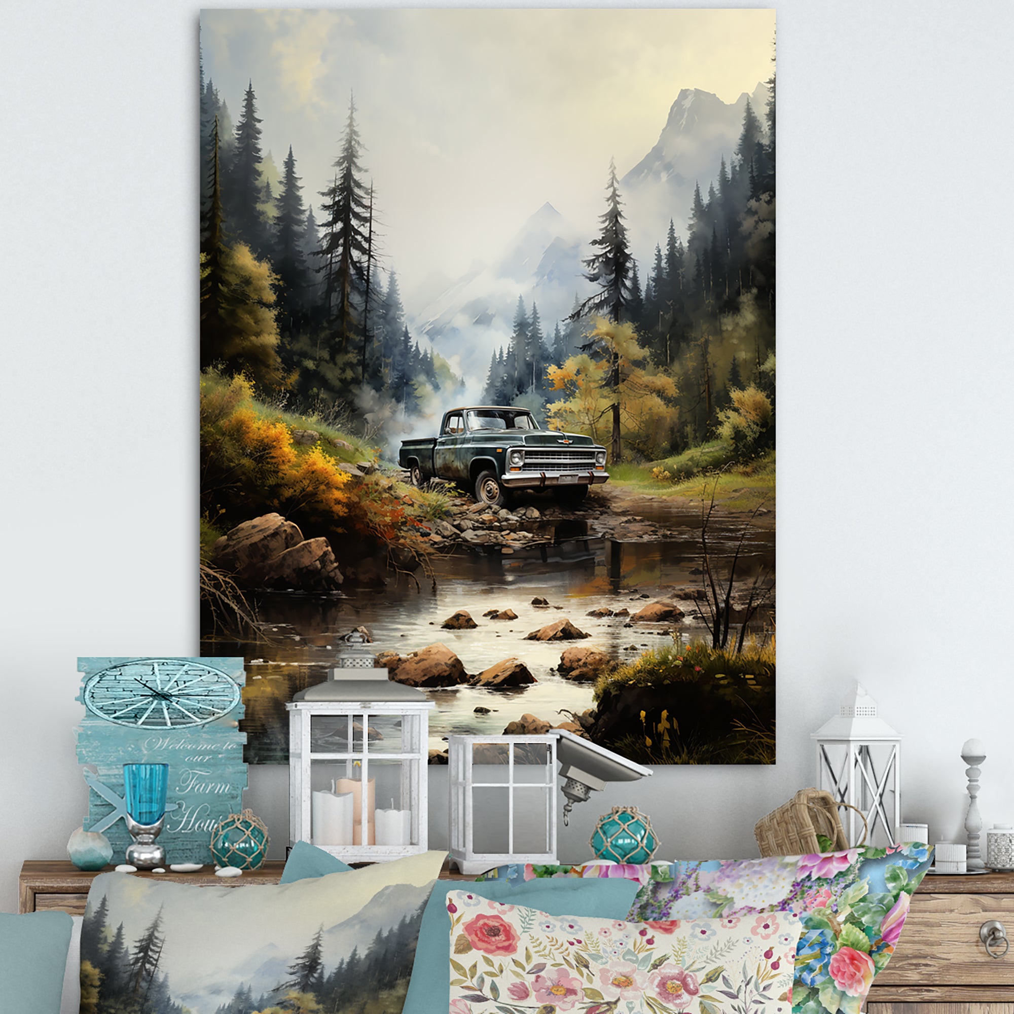 Green Pickup Truck Misty Mountains I - Pickup Truck Canvas Wall Art