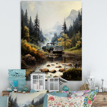 Green Pickup Truck Misty Mountains I - Pickup Truck Canvas Wall Art