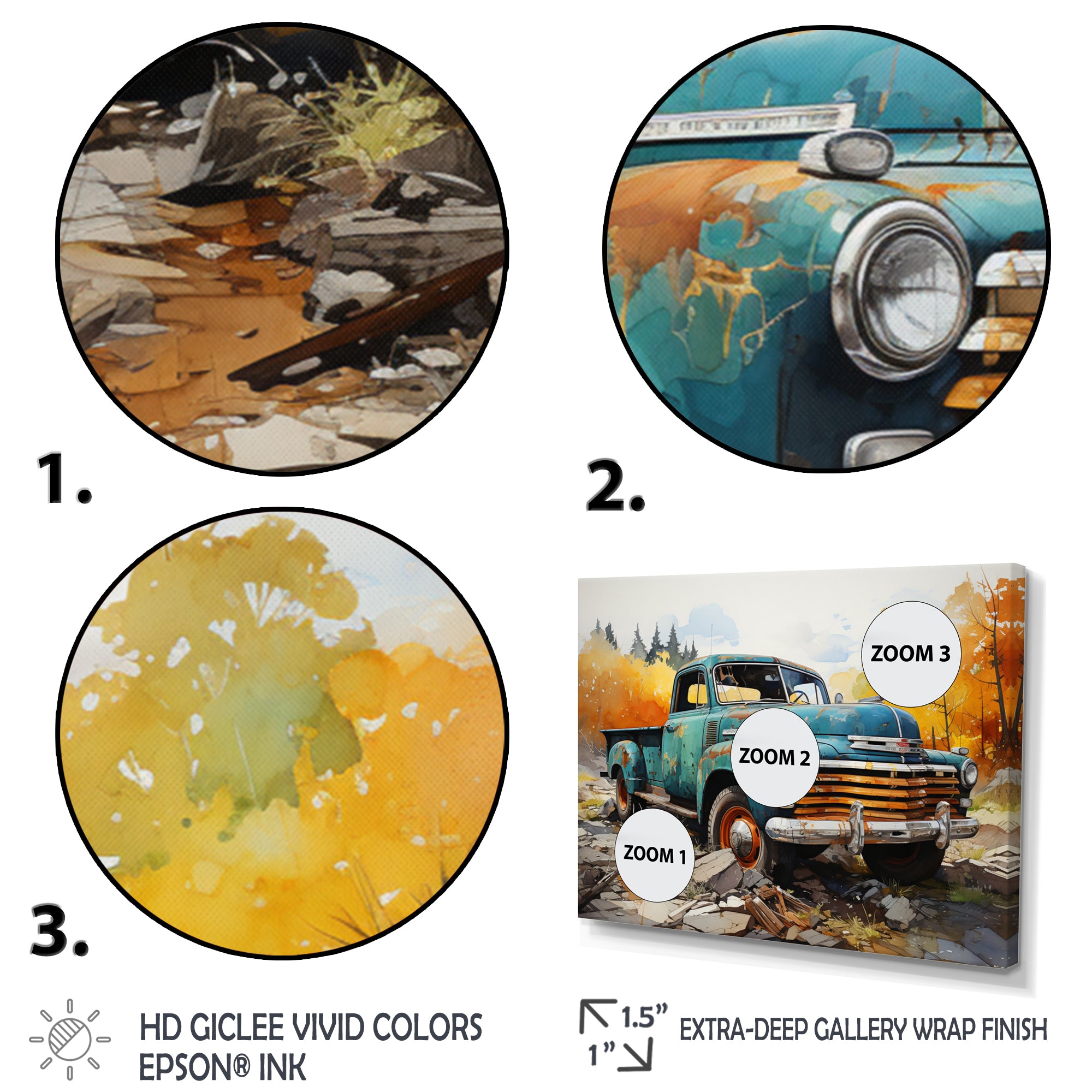 Teal Vintage Pickup Automn Offroad I - Pickup Truck Canvas Wall Art