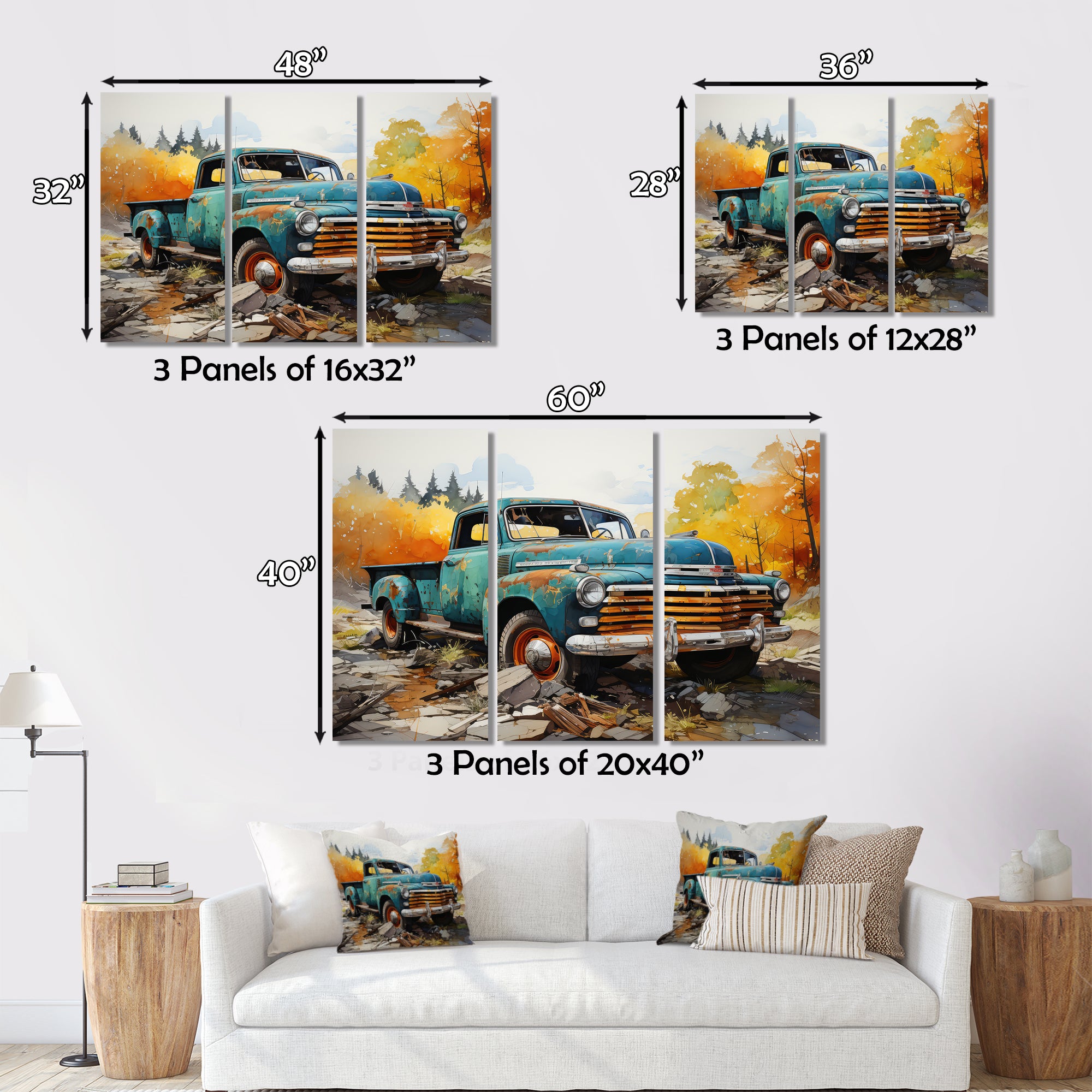 Teal Vintage Pickup Automn Offroad I - Pickup Truck Canvas Wall Art