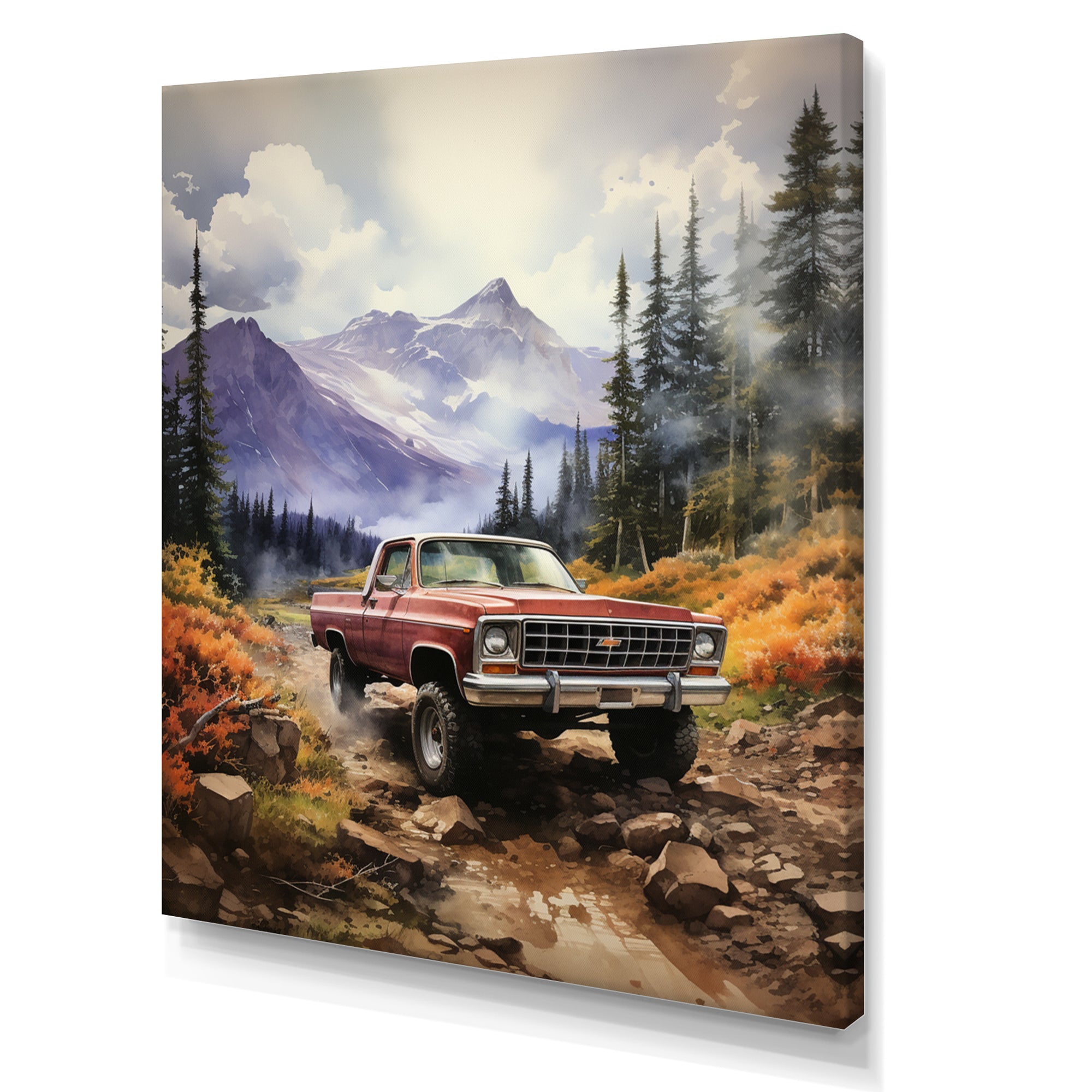 Red Pickup Truck Mountain Majesty - Pickup Truck Canvas Wall Art