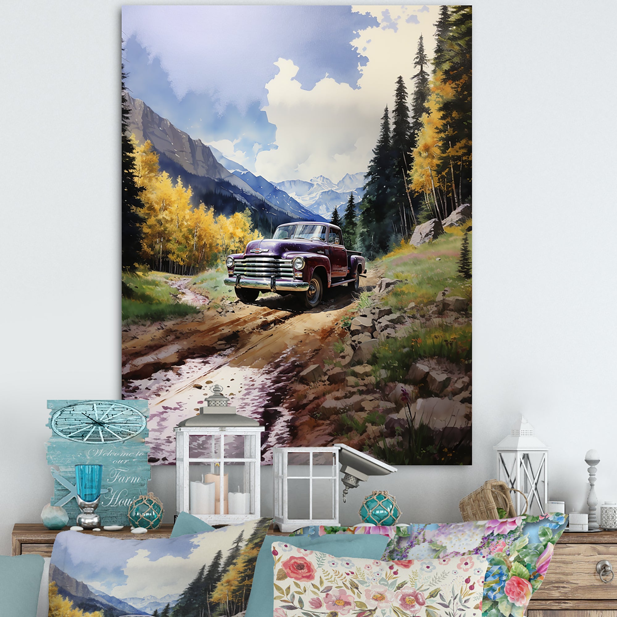 Green Pickup Truck Mountain Majesty - Pickup Truck Canvas Wall Art