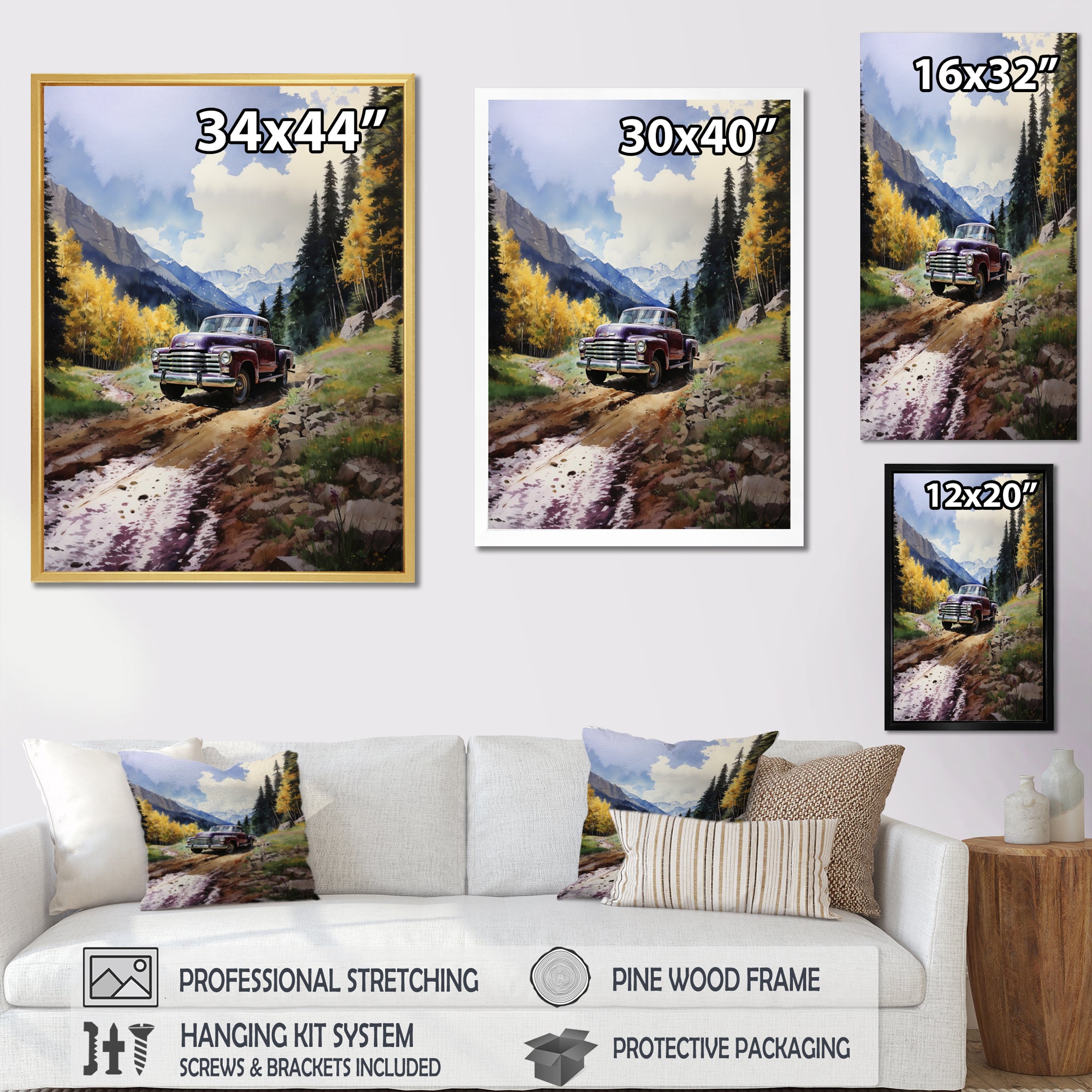 Green Pickup Truck Mountain Majesty - Pickup Truck Canvas Wall Art