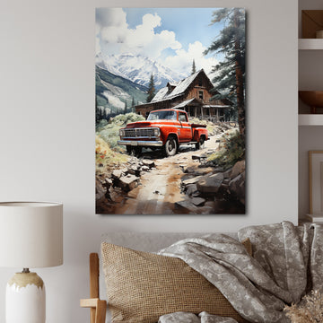Red Pickup Truck Mountain Retreat - Pickup Truck Canvas Wall Art