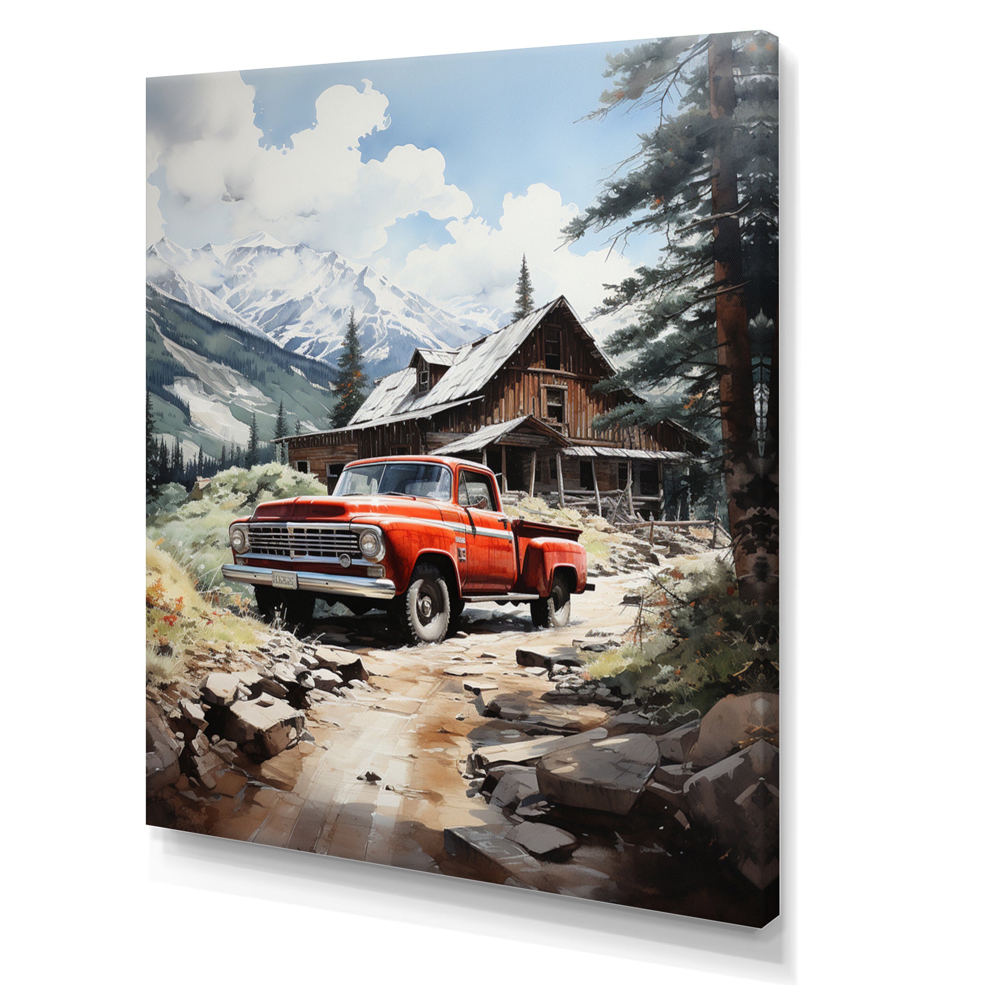 Red Pickup Truck Mountain Retreat - Pickup Truck Canvas Wall Art