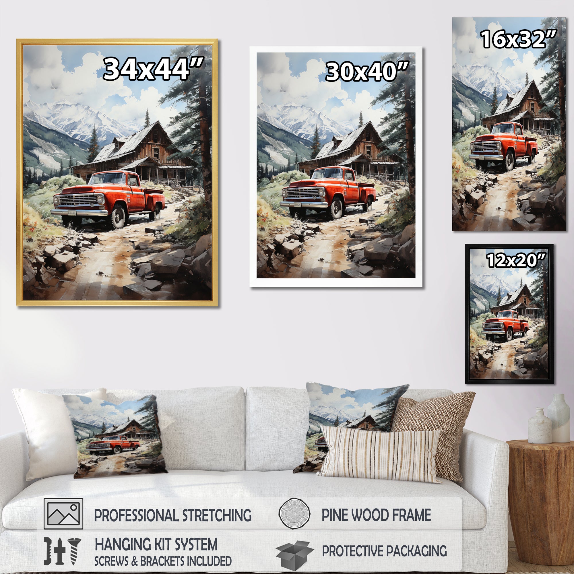 Red Pickup Truck Mountain Retreat - Pickup Truck Canvas Wall Art