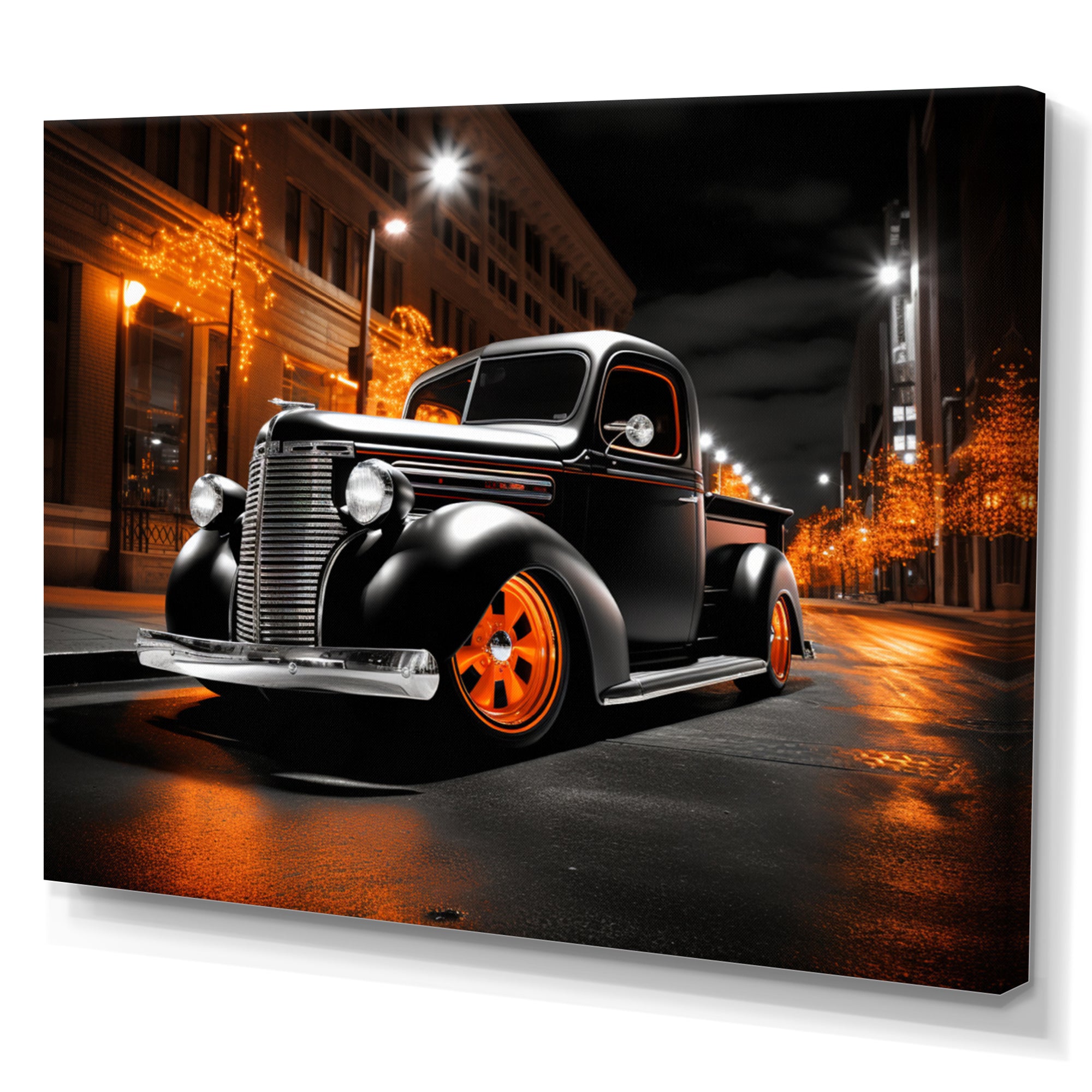 Black Orange Pickup Truck Night Drifters - Pickup Truck Canvas Wall Art