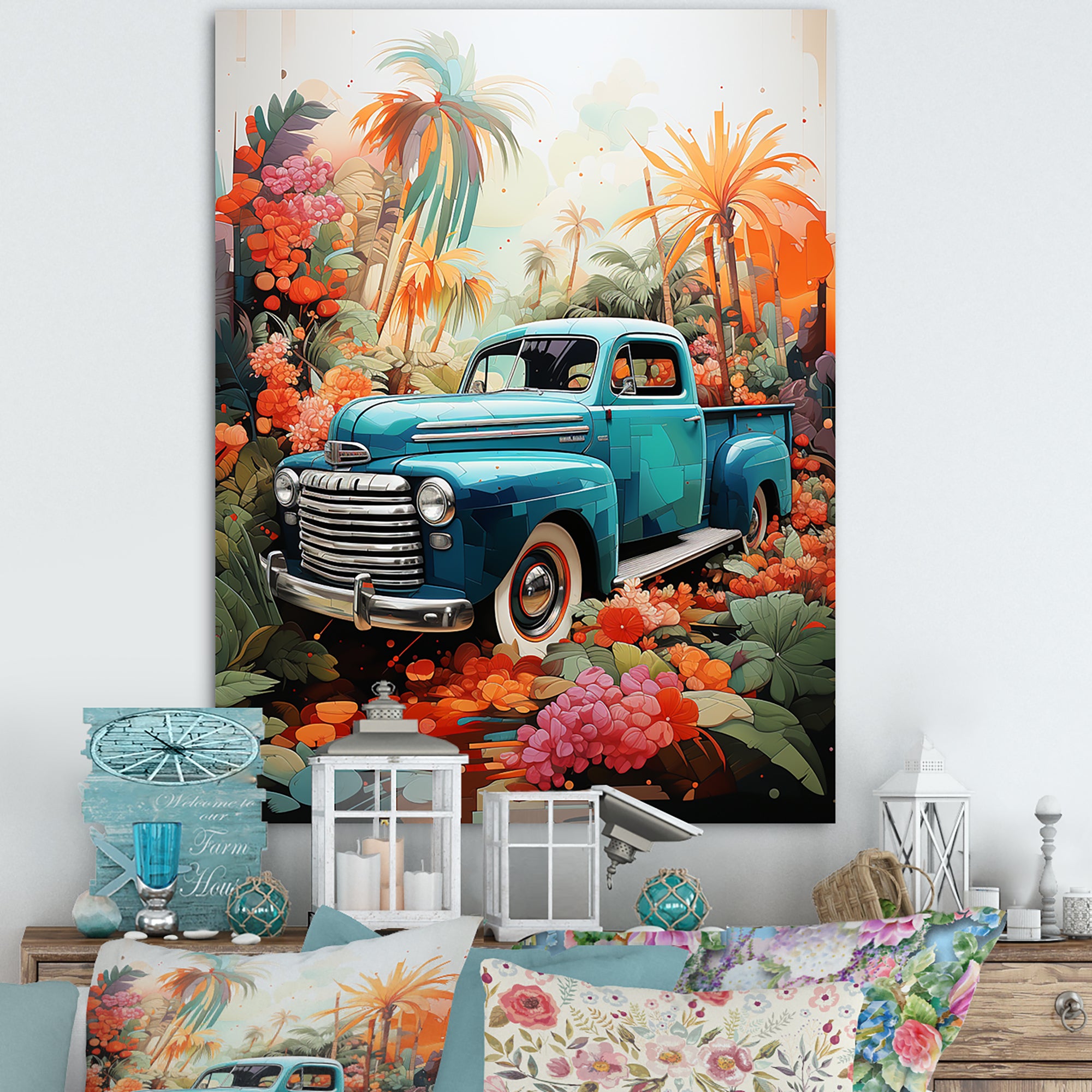 Pickup Truck Tropical Legends - Pickup Truck Canvas Wall Art