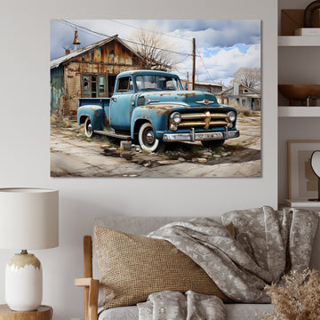 Blue Pickup Truck Roadside Nostalgia - Pickup Truck Canvas Wall Art