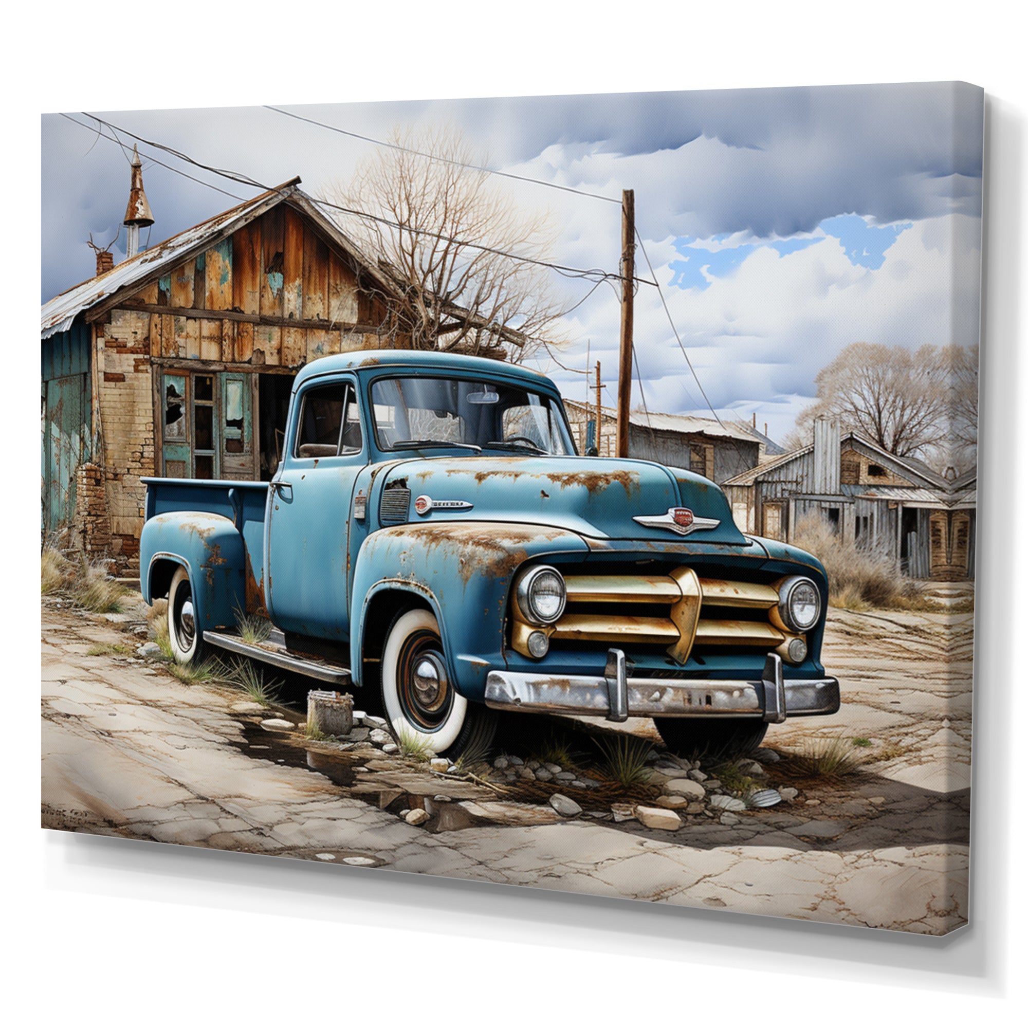 Blue Pickup Truck Roadside Nostalgia - Pickup Truck Canvas Wall Art