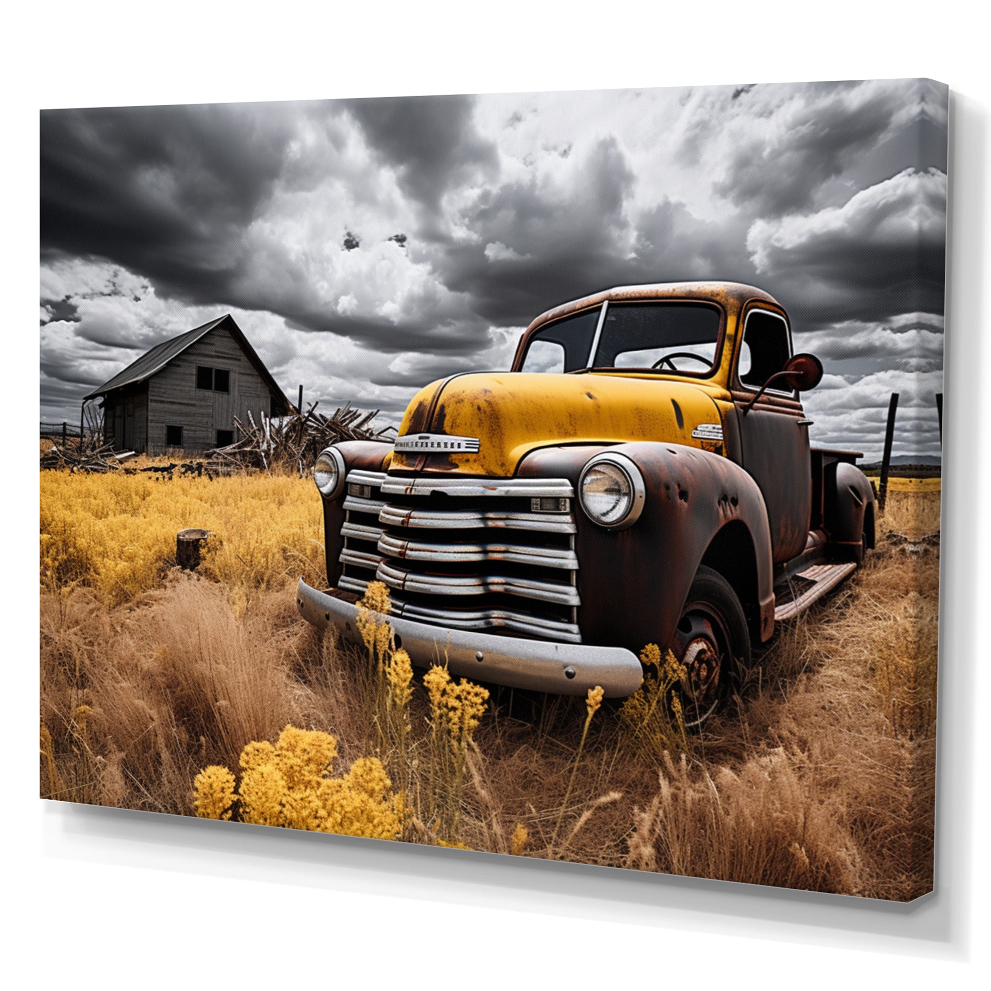 Yellow Pickup Truck Rustic Rides I - Pickup Truck Canvas Wall Art
