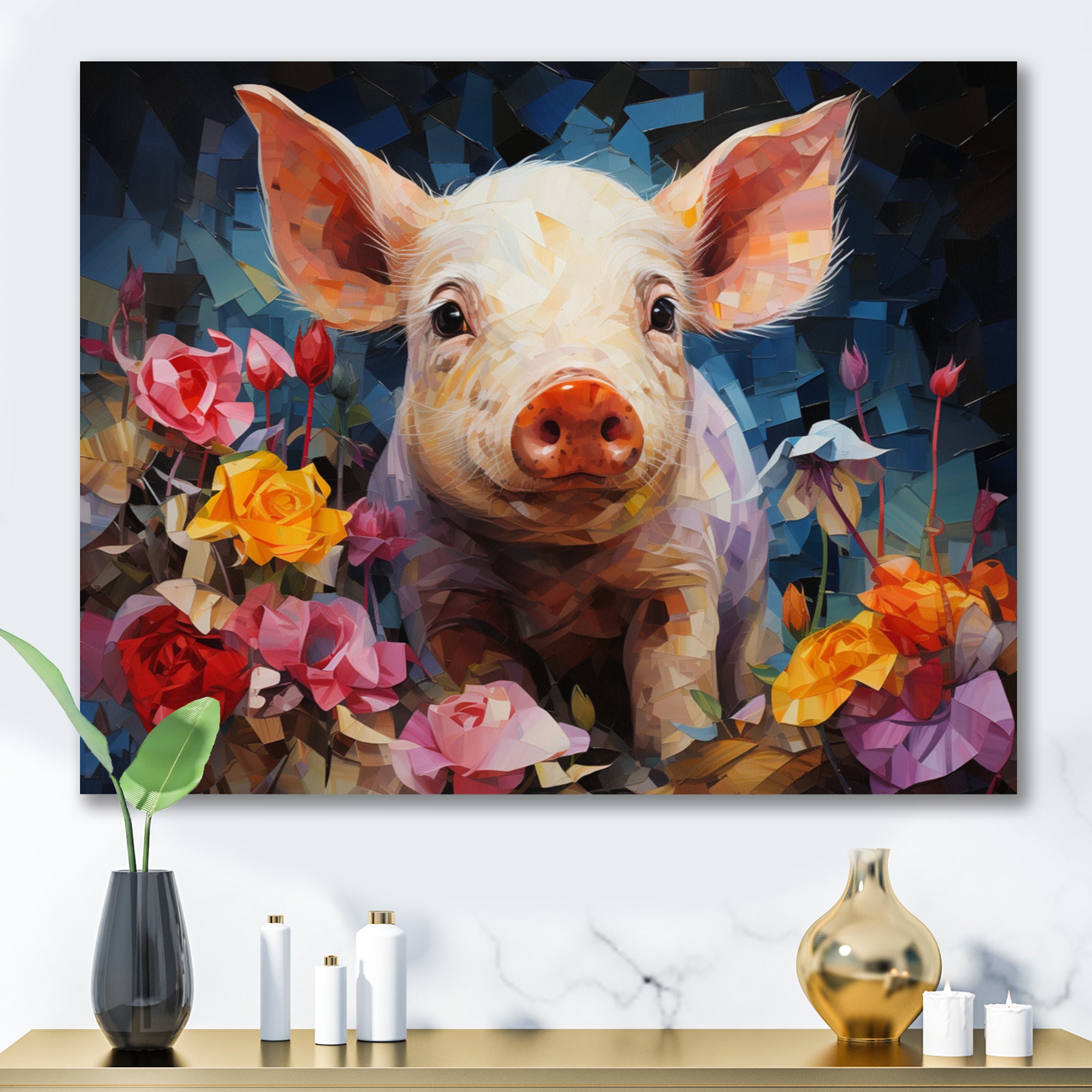 Pink Curious Piglet Collage - Pink Pig Wall Art