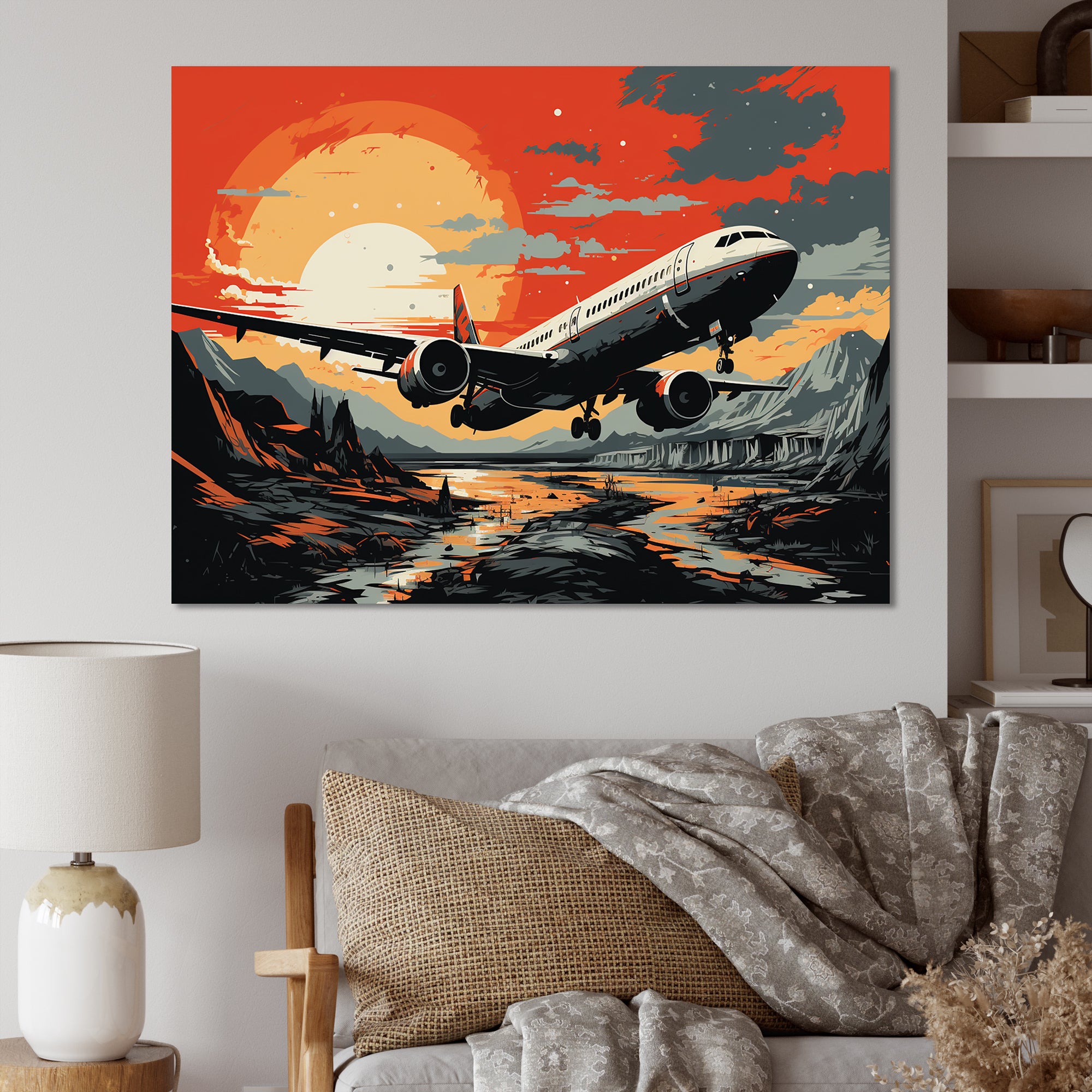 Orange Sunset Overs The Plane Flight - Plane Canvas Wall Art
