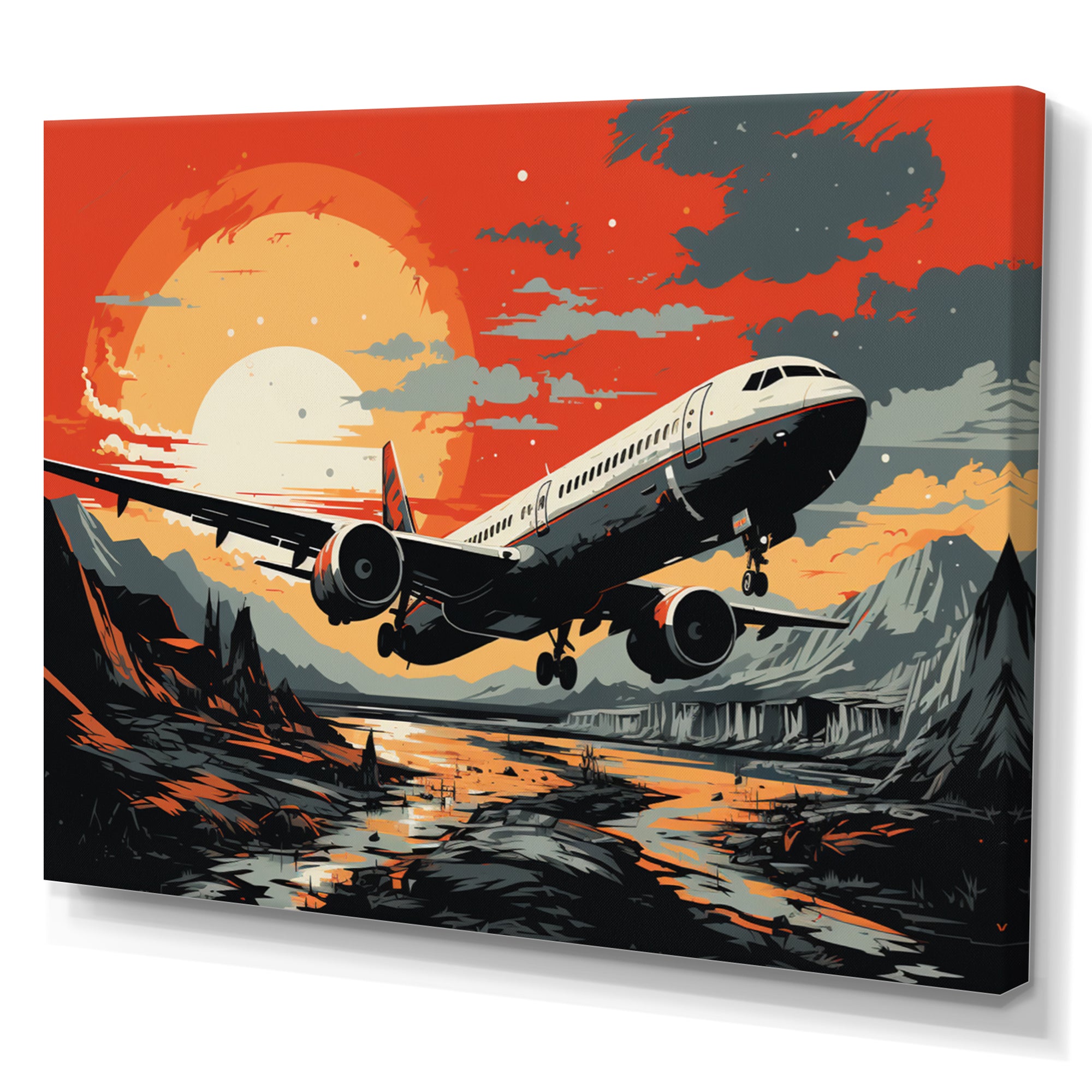 Orange Sunset Overs The Plane Flight - Plane Canvas Wall Art