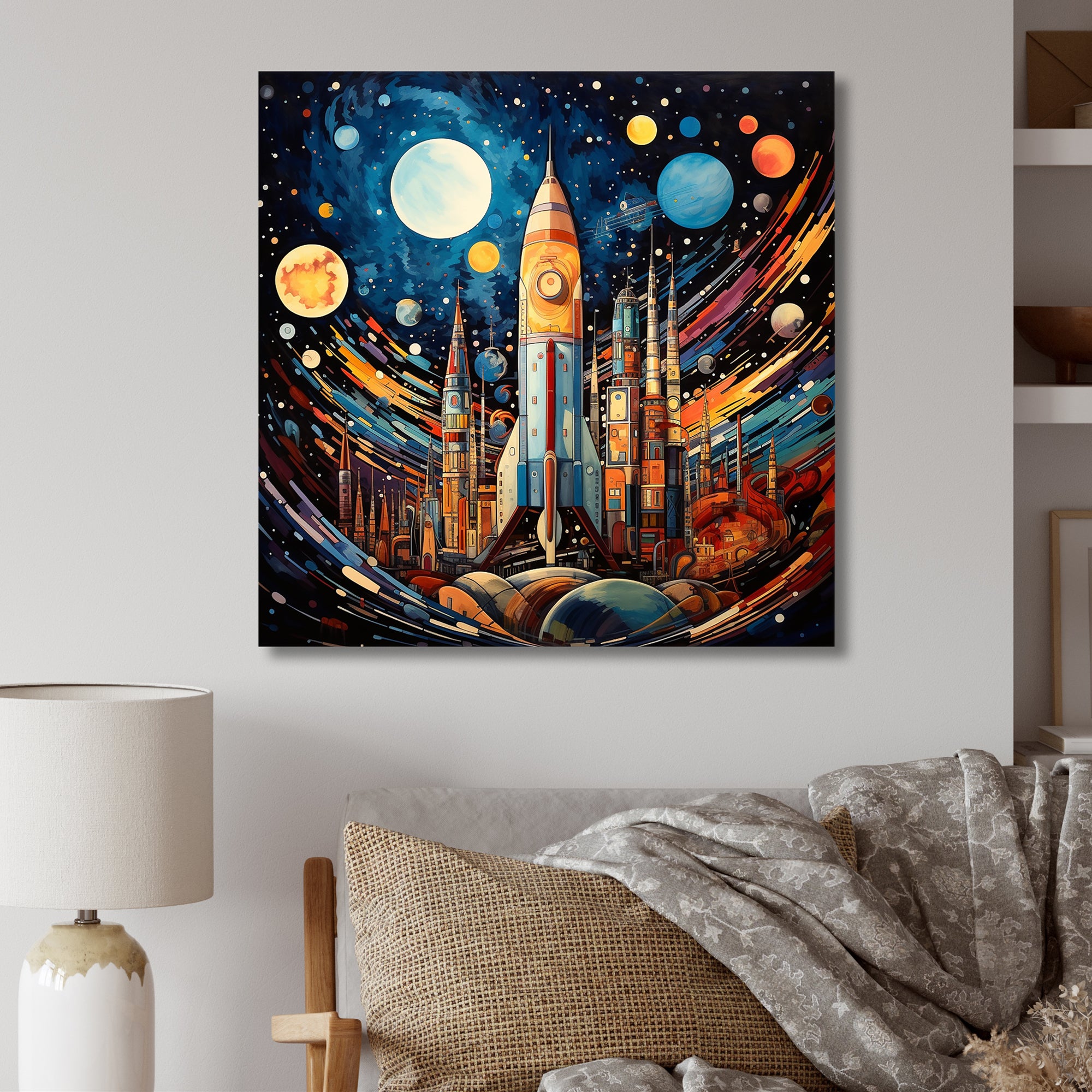Rocketship Cosmic Collage - Rocketship Canvas Wall Art