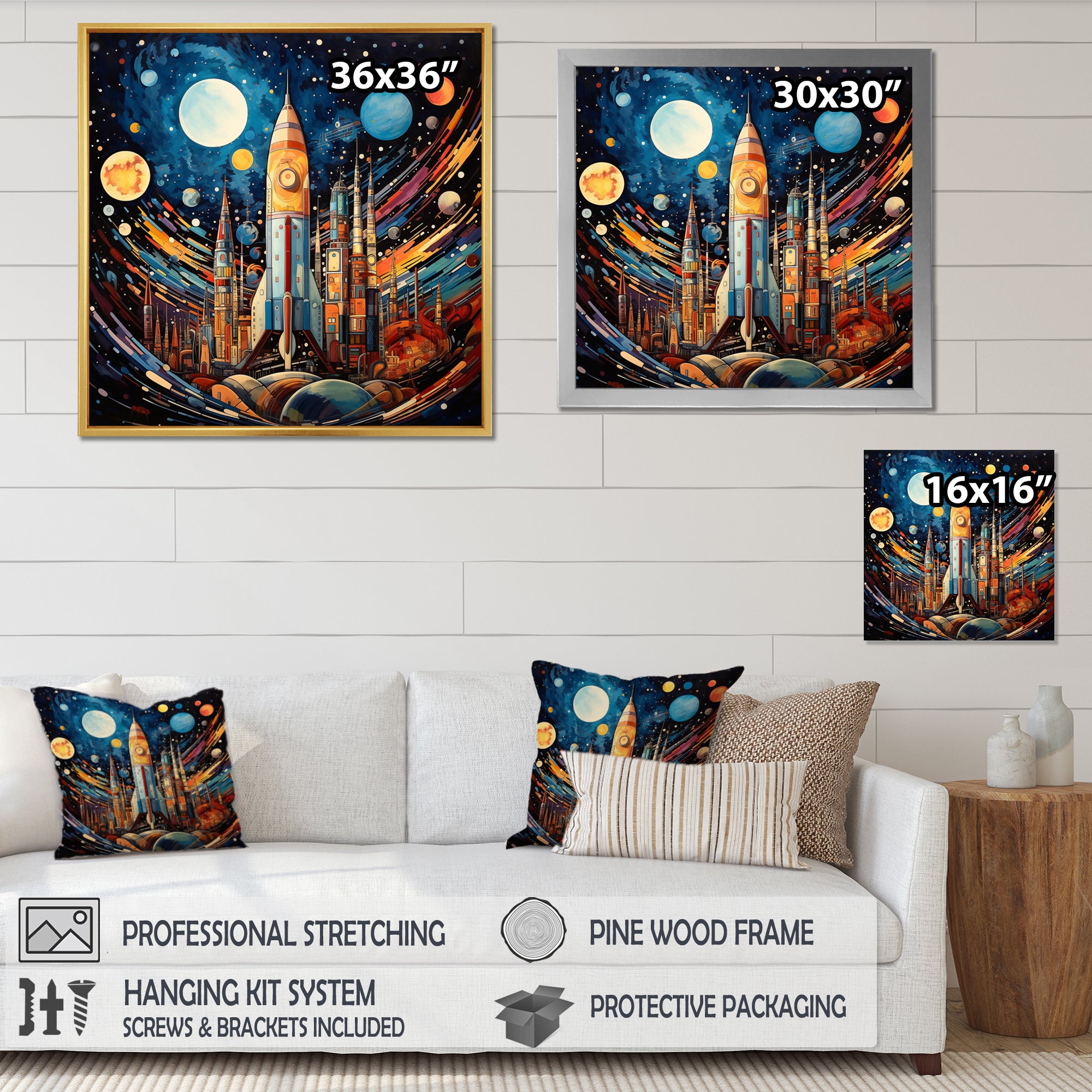 Rocketship Cosmic Collage - Rocketship Canvas Wall Art