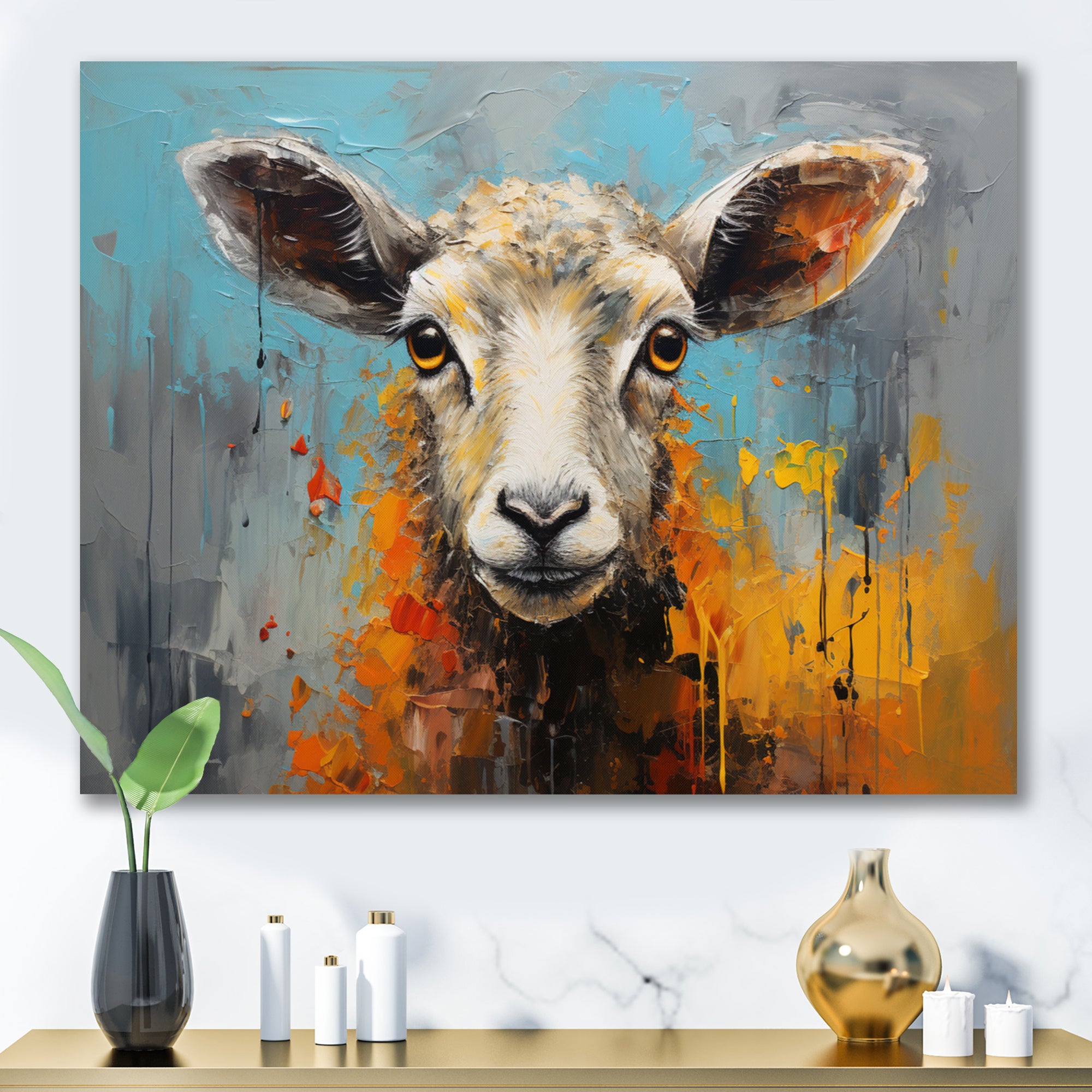 Teal Palette Knife Sheep - Sheep Framed Canvas Art