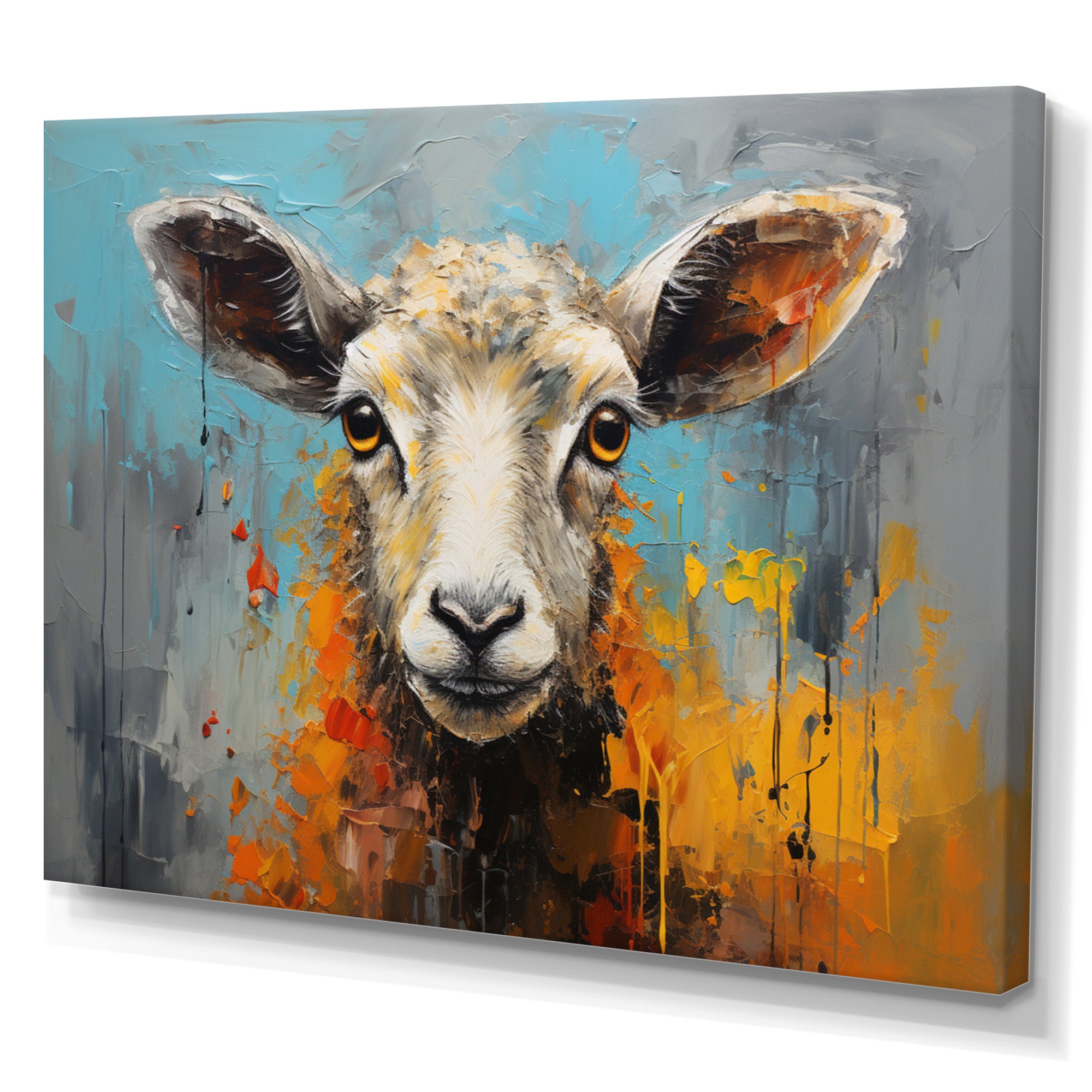 Teal Palette Knife Sheep - Sheep Framed Canvas Art