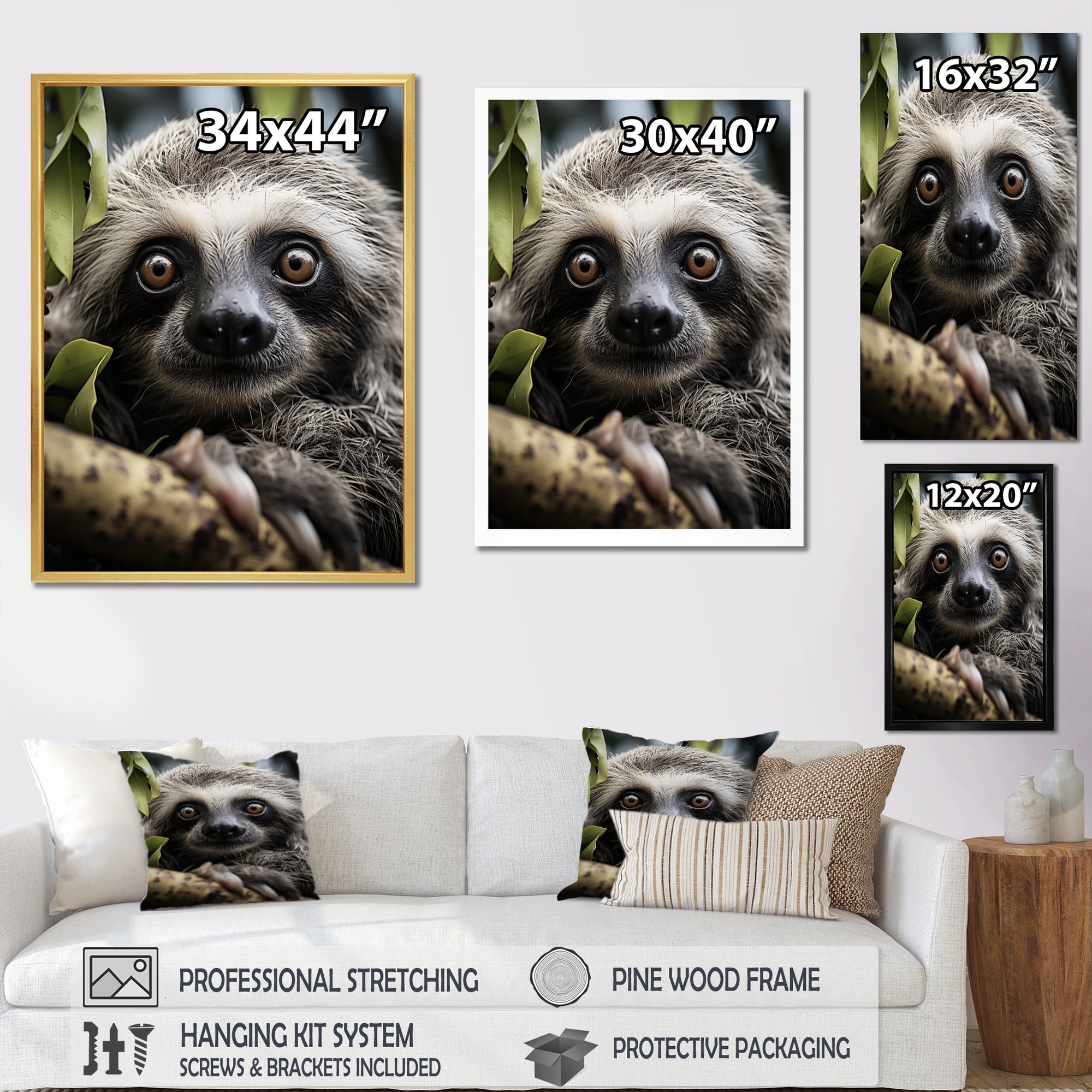 Sloth Portrait Vibrant - Sloth Framed Canvas Art