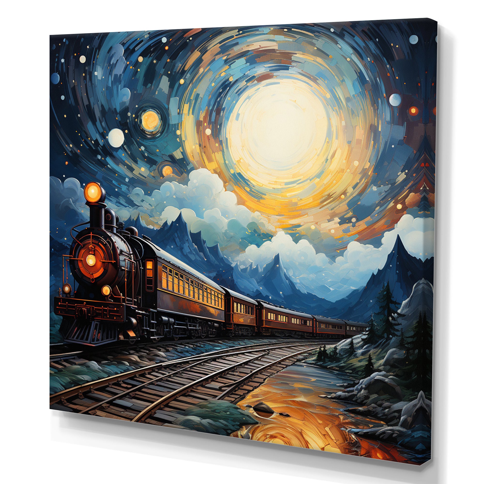 Yellow Blue Train Cosmic Rails - Train Canvas Wall Art