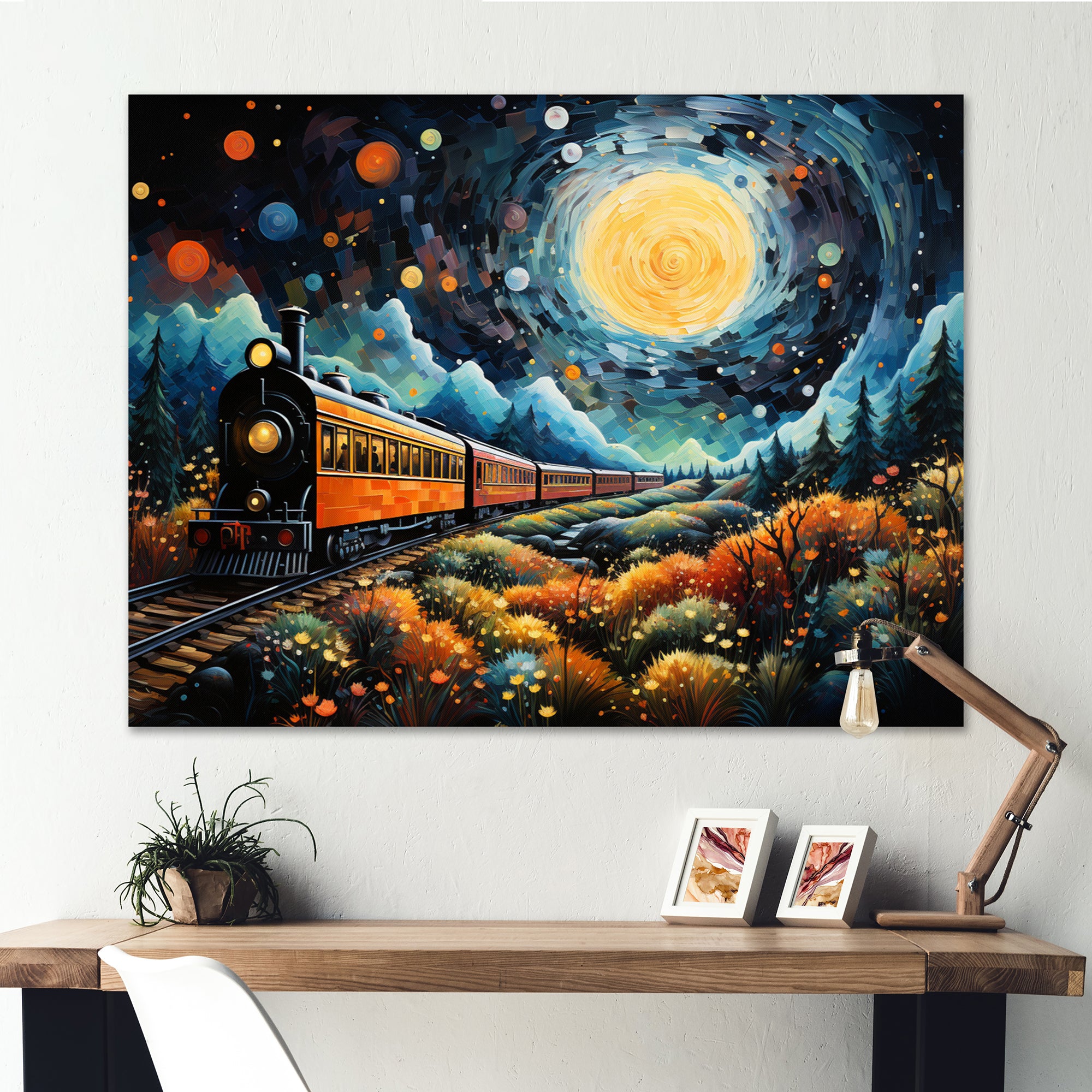 Yellow Train Enchanted Journey Pointillism - Train Canvas Wall Art