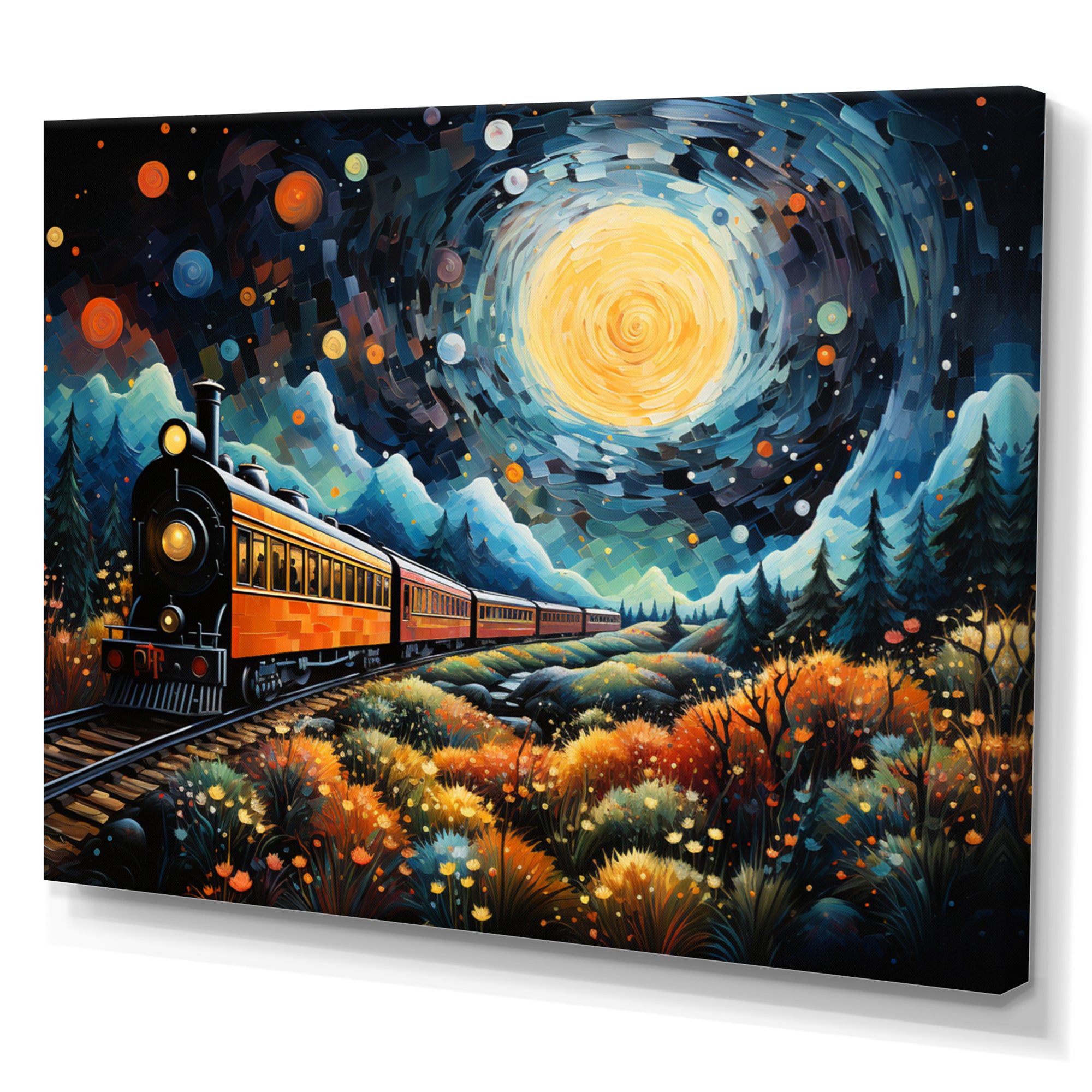 Yellow Train Enchanted Journey Pointillism - Train Canvas Wall Art
