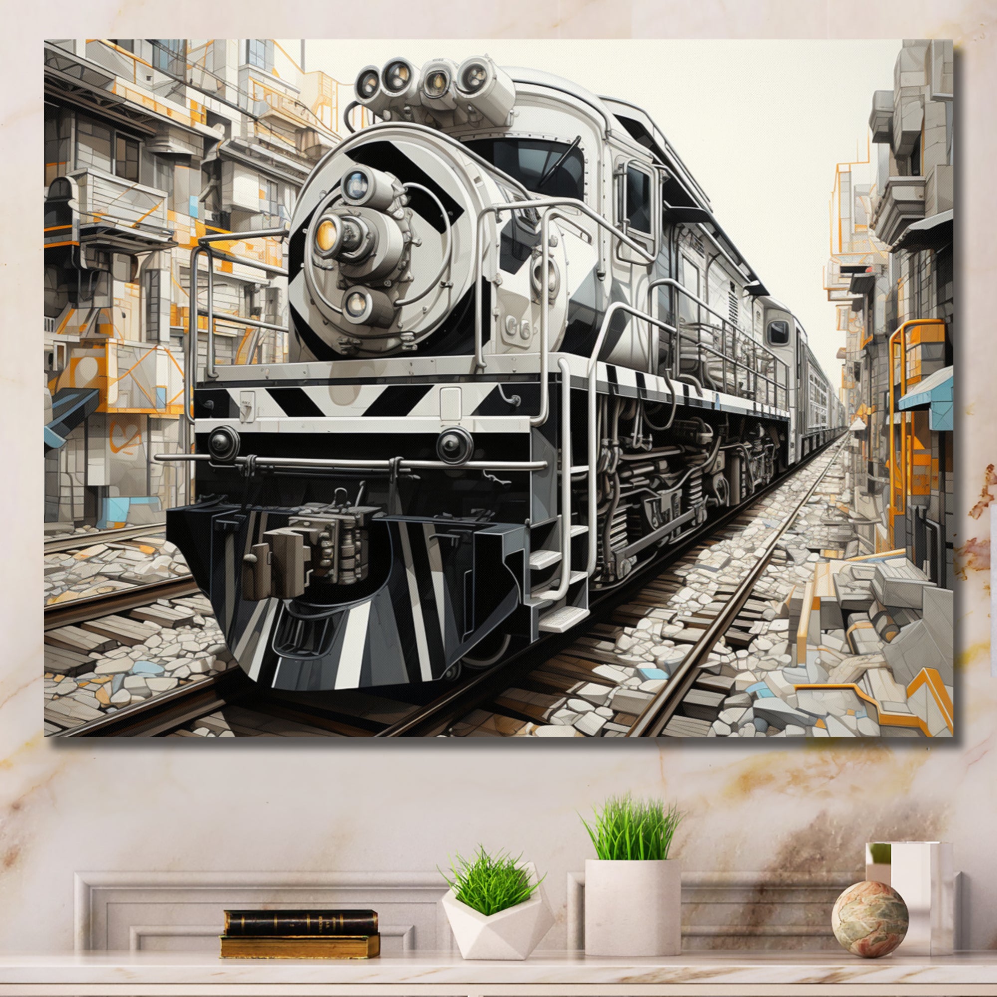 Grey Train Geometric Momentum - Train Canvas Wall Art