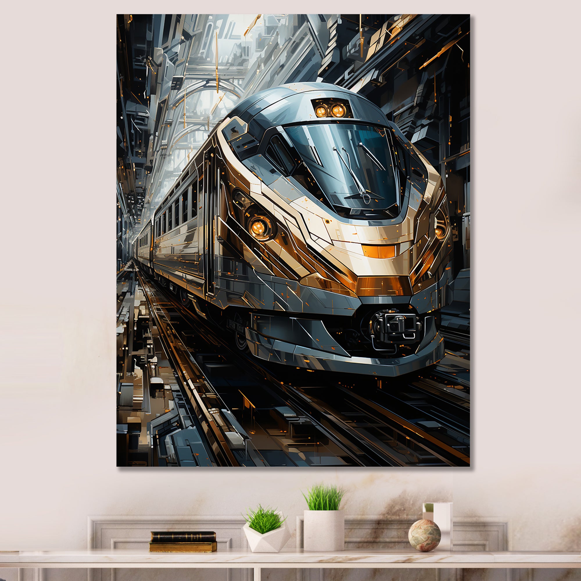 Golden Train Geometric Momentum I - Train Canvas Wall Art
