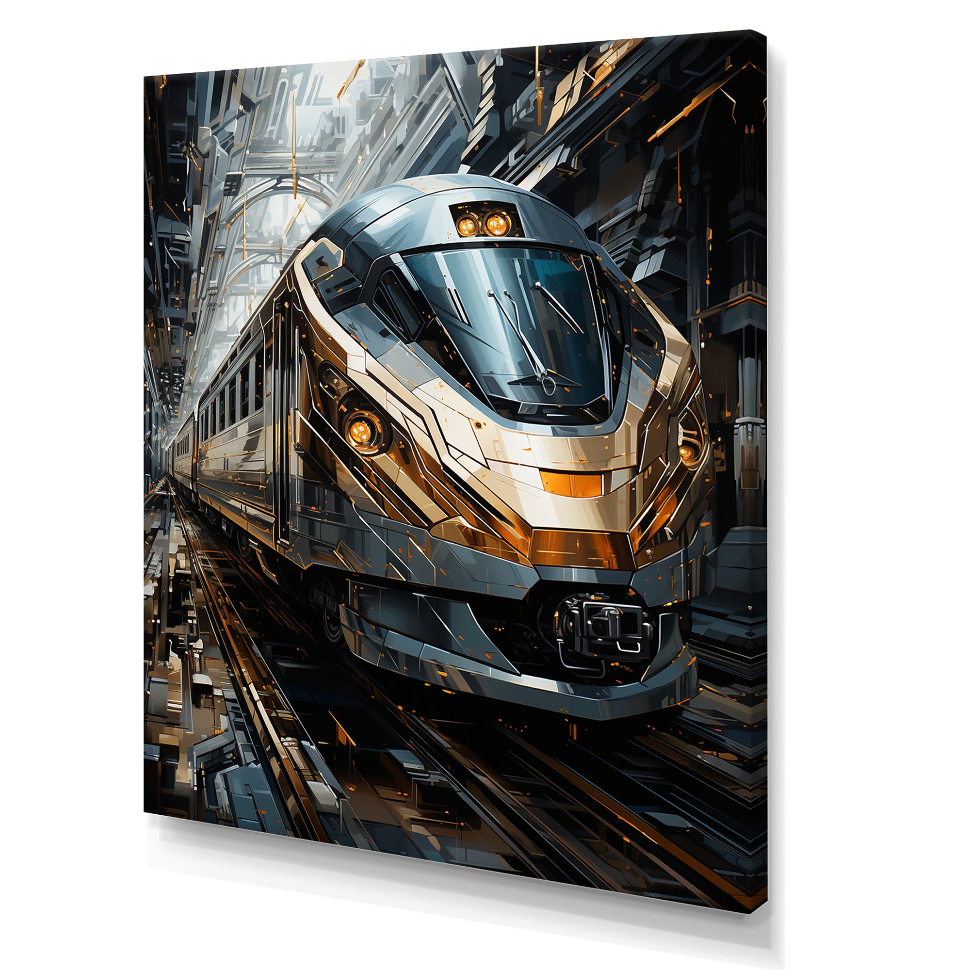 Golden Train Geometric Momentum I - Train Canvas Wall Art