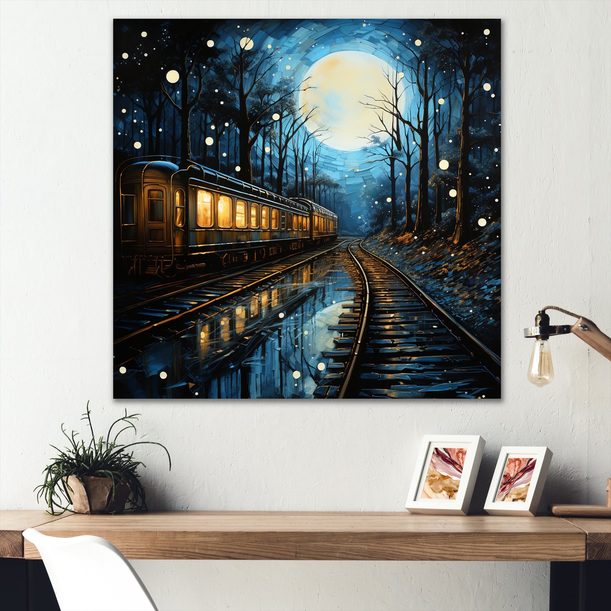 Train Luminous Trails Pointillism - Train Canvas Wall Art