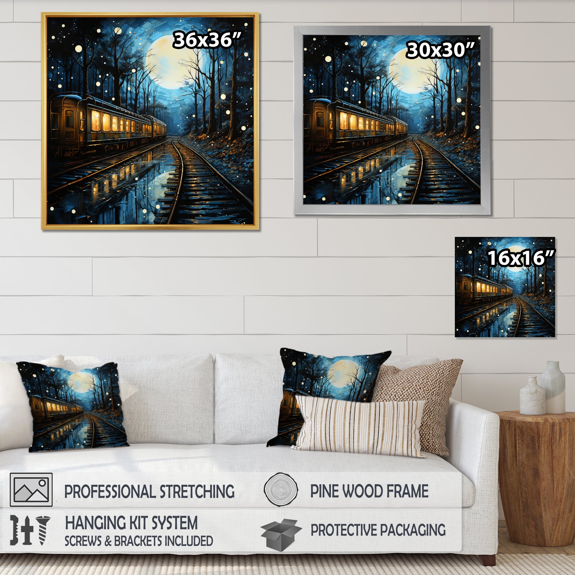 Train Luminous Trails Pointillism - Train Canvas Wall Art