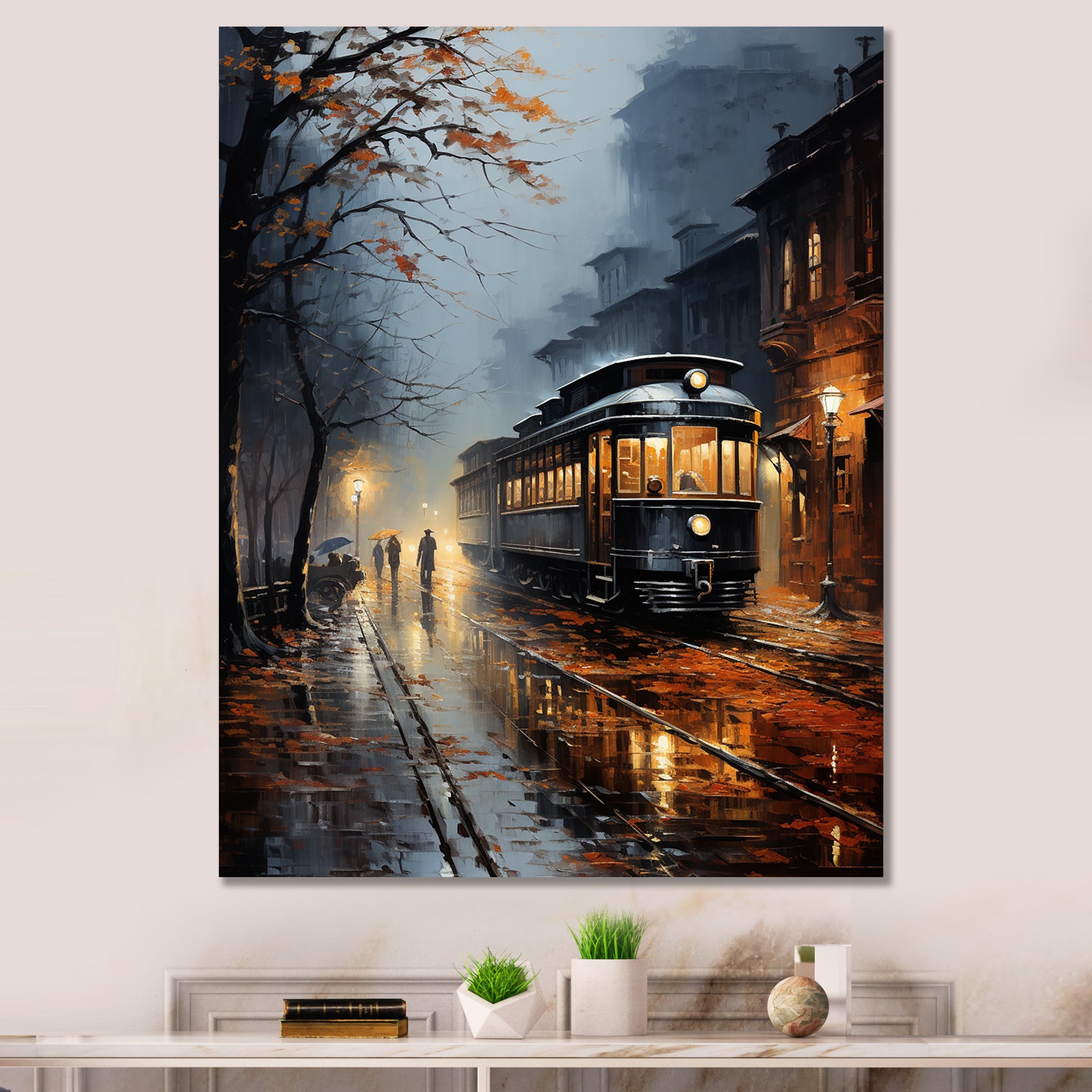 Train Misty Morning Pointillism I - Train Canvas Wall Art