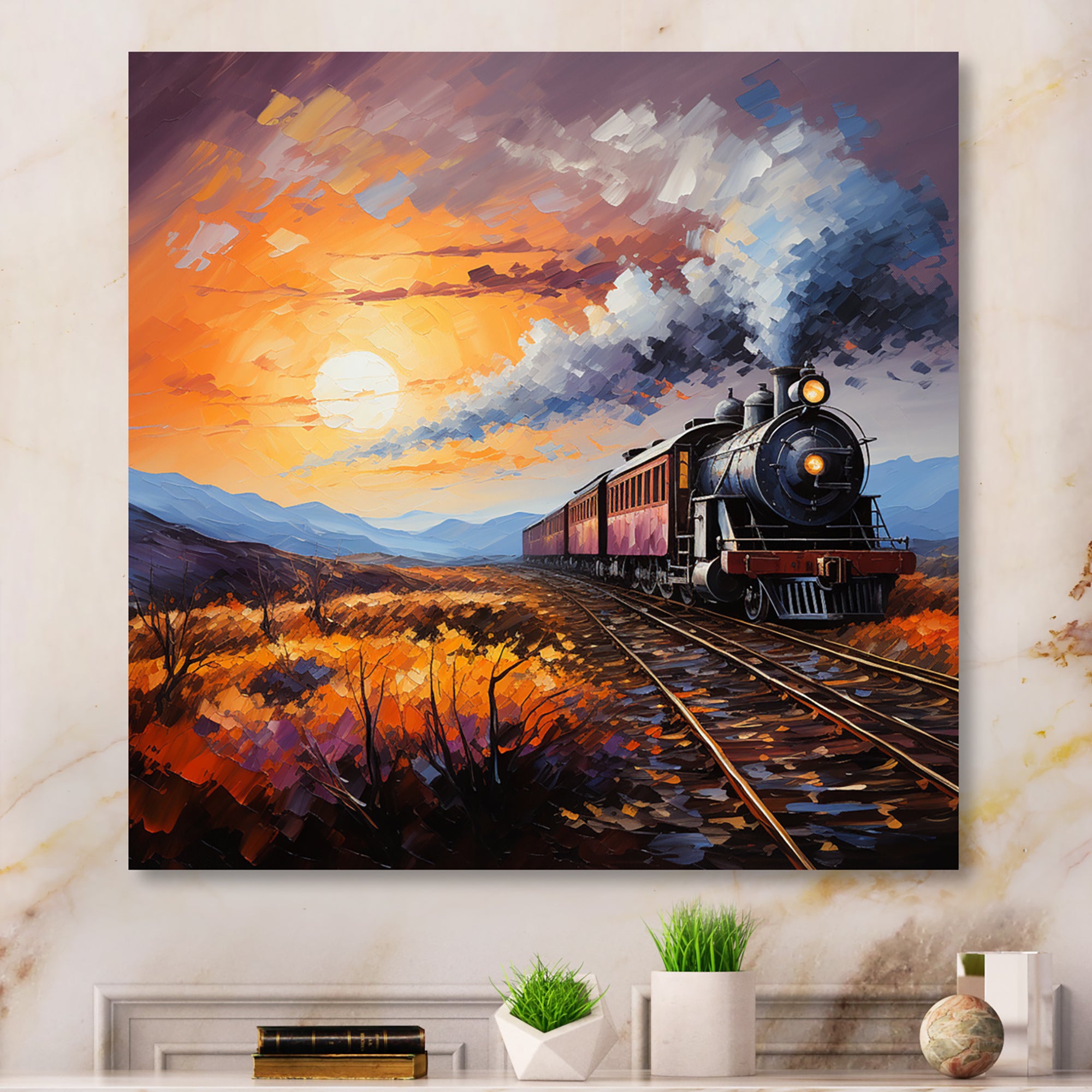 Abstract Train Sunset Express Pointillism I - Train Canvas Wall Art