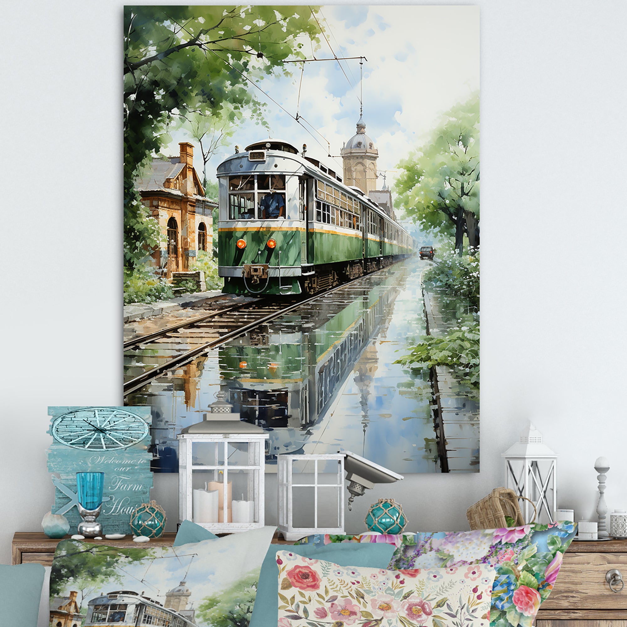 Tranquil Train Retreat Pointillism - Train Canvas Wall Art