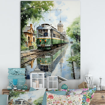 Tranquil Train Retreat Pointillism - Train Canvas Wall Art